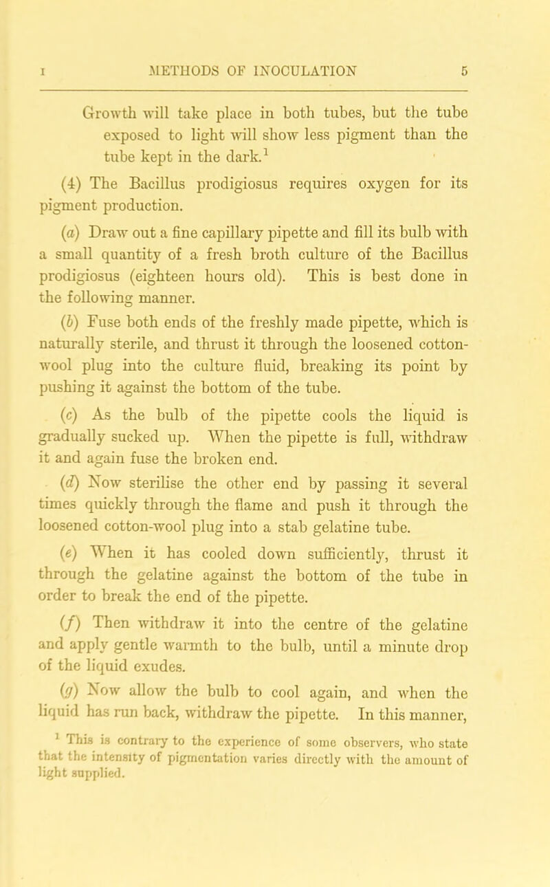 Growth will take place in both tubes, but the tube exposed to light will show less pigment than the tube kept in the dark.1 (4) The Bacillus prodigiosus requires oxygen for its pigment production. (a) Draw out a fine capillary pipette and fill its bulb with a small quantity of a fresh broth culture of the Bacillus prodigiosus (eighteen hours old). This is best done in the following manner. (b) Fuse both ends of the freshly made pipette, which is naturally sterile, and thrust it through the loosened cotton- wool plug into the culture fluid, breaking its point by pushing it against the bottom of the tube. (c) As the bulb of the pipette cools the liquid is gradually sucked up. When the pipette is full, withdraw it and again fuse the broken end. (d) Now sterilise the other end by passing it several times quickly through the flame and push it through the loosened cotton-wool plug into a stab gelatine tube. (e) When it has cooled down sufficiently, thrust it through the gelatine against the bottom of the tube in order to break the end of the pipette. (/) Then withdraw it into the centre of the gelatine and apply gentle warmth to the bulb, until a minute drop of the liquid exudes. (ff) Now allow the bulb to cool again, and when the liquid has run back, withdraw the pipette. In this manner, 1 This is contrary to the experience of some observers, who state that the intensity of pigmentation varies directly with the amount of light supplied.
