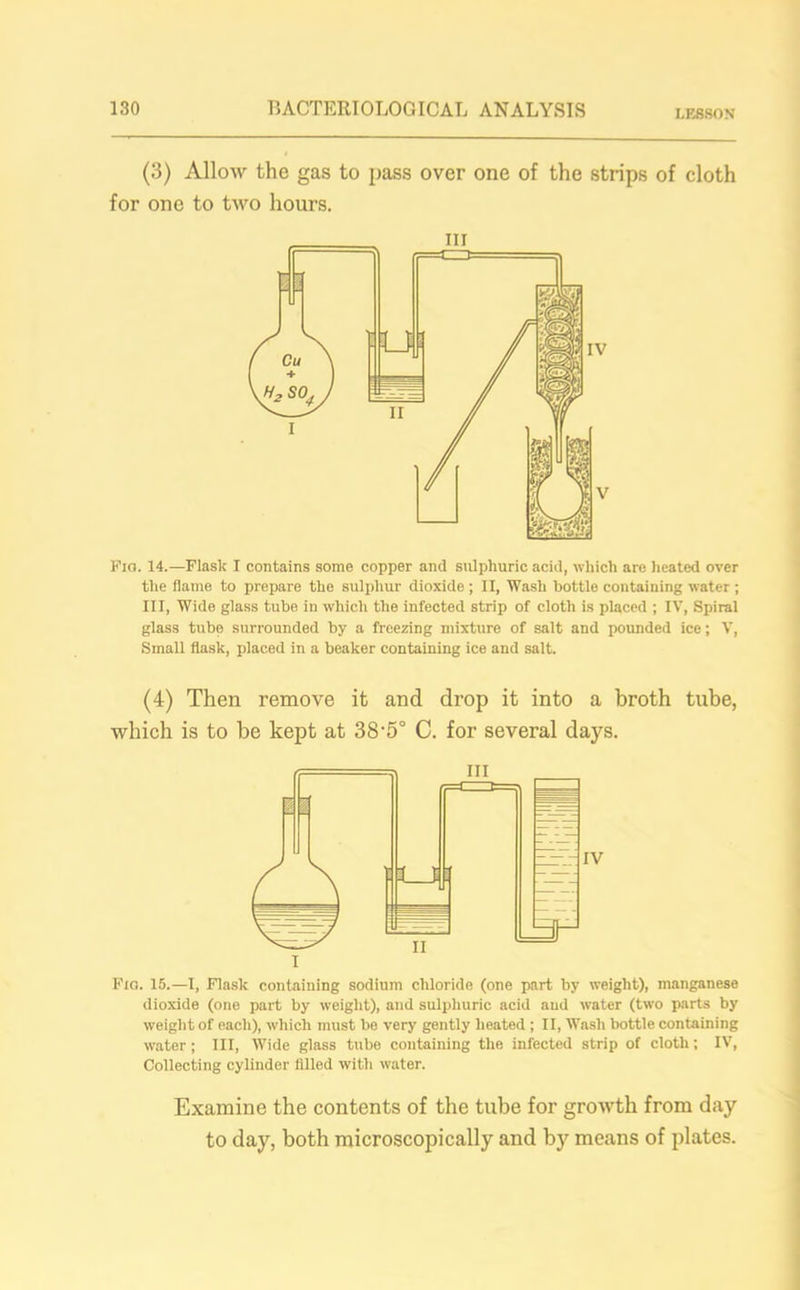 LESSON (3) Allow the gas to pass over one of the strips of cloth for one to two hours. Pio. 14.—Flask I contains some copper and sulphuric acid, which are heated over the flame to prepare the sulphur dioxide ; II, Wash bottle containing water ; III, Wide glass tube in which the infected strip of cloth is placed ; IV, Spiral glass tube surrounded by a freezing mixture of salt and pounded ice; V, Small flask, placed in a beaker containing ice and salt. (4) Then remove it and drop it into a broth tube, which is to be kept at 38-5° C. for several days. Fid. 15.—I, Flask containing sodium chloride (one part by weight), manganese dioxide (one part by weight), and sulphuric acid and water (two parts by weight of each), which must be very gently heated ; II, Wash bottle containing water; III, Wide glass tube containing the infected strip of cloth; IV, Collecting cylinder filled with water. Examine the contents of the tube for growth from day to day, both microscopically and bjr means of plates.
