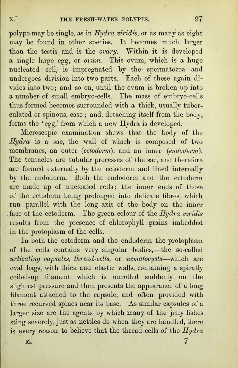 polype may be single, as in Hydra viridis, or as many as eight may be found in other species. It becomes much larger than the testis and is the ovary. Within it is developed a single large egg, or ovum. This ovum, which is a huge nucleated cell, is impregnated by the spermatozoa and undergoes division into two parts. Each of these again di- vides into two; and so on, until the ovum is broken up into a number of small embryo-cells. The mass of embryo-cells thus formed becomes surrounded with a thick, usually tuber- culated or spinous, case; and, detaching itself from the body, forms the ‘ egg/ from which a new Hydra is developed. Microscopic examination shews that the body of the Hydra is a sac, the wall of which is composed of two membranes, an outer (ectoderm), and an inner (endoderm). The tentacles are tubular processes of the sac, and therefore are formed externally by the ectoderm and lined internally by the endoderm. Both the endoderm and the ectoderm are made up of nucleated cells; the inner ends of those of the ectoderm being prolonged into delicate fibres, which run parallel with the long axis of the body on the inner . face of the ectoderm. The green colour of the Hydra viridis results from the presence of chlorophyll grains imbedded in the protoplasm of the cells. In both the ectoderm and the endoderm the protoplasm of the cells contains very singular bodies,—the so-called urticating capsules, thread-cells, or nematocysts^—which are oval bags, with thick and elastic walls, containing a spirally coiled-up filament which is unrolled suddenly on the slightest pressure and then presents the appearance of a long filament attached to the capsule, and often provided with three recurved spines near its base. As similar capsules of a larger size are the agents by which many of the jelly fishes sting severely, just as nettles do when they are handled, there is every reason to believe that the thread-cells of the Hydra 7 M.