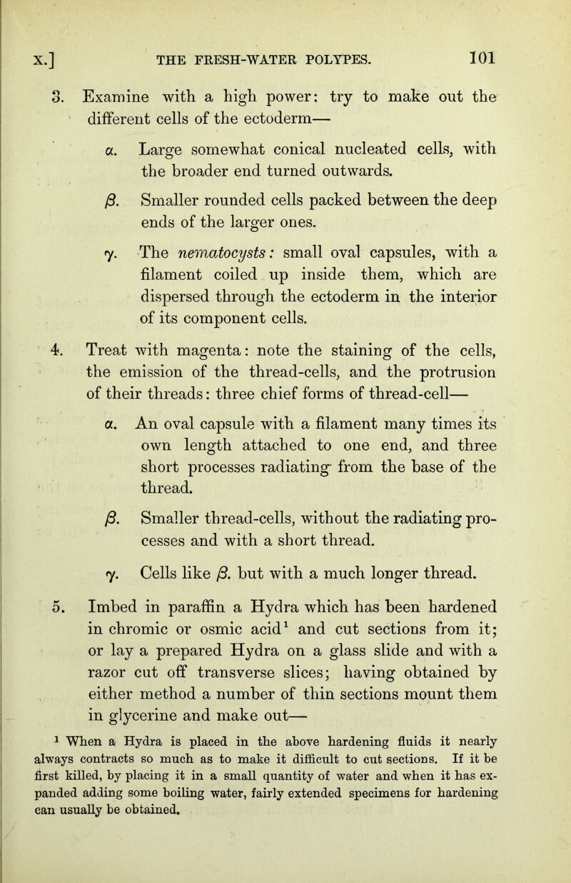 3. Examine with a high power: try to make out the different cells of the ectoderm— a. Large somewhat conical nucleated cells, with the broader end turned outwards. ft. Smaller rounded cells packed between the deep ends of the larger ones. 7. The nematocysts: small oval capsules, with a filament coiled up inside them, which are dispersed through the ectoderm in the interior of its component cells. 4. Treat with magenta: note the staining of the cells, the emission of the thread-cells, and the protrusion of their threads: three chief forms of thread-cell— a. An oval capsule with a filament many times its own length attached to one end, and three short processes radiating' from the base of the thread. ft. Smaller thread-cells, without the radiating pro- cesses and with a short thread. 7. Cells like ft. but with a much longer thread. 5. Imbed in paraffin a Hydra which has been hardened in chromic or osmic acid1 and cut sections from it; or lay a prepared Hydra on a glass slide and with a razor cut off transverse slices; having obtained by either method a number of thin sections mount them in glycerine and make out— 1 When a Hydra is placed in the above hardening fluids it nearly always contracts so much as to make it difficult to cut sections. If it be first killed, by placing it in a small quantity of water and when it has ex- panded adding some boiling water, fairly extended specimens for hardening can usually be obtained.
