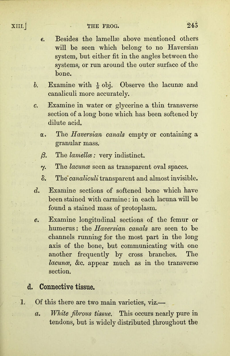 Besides the lamellse above mentioned others will be seen which belong to no Haversian system, but either fit in the angles between the systems, or run around the outer surface of the bone. b. Examine with J obj. Observe the lacunae and canaliculi more accurately. c. Examine in water or glycerine a thin transverse section of a long bone which has been softened by dilute acid. a. The Haversian canals empty or containing a granular mass. /?. The lamellce: very indistinct. 7. The lacunae seen as transparent oval spaces. S. The canaliculi transparent and almost invisible. d. Examine sections of softened bone wdiich have been stained with carmine: in each lacuna will be found a stained mass of protoplasm. e. Examine longitudinal sections of the femur or humerus: the Haversian canals are seen to be channels running for the most part in the long axis of the bone, but communicating with one another frequently by cross branches. The lacunae, &c. appear much as in the transverse section. d. Connective tissue. 1. Of this there are two main varieties, viz.— a. White fibrous tissue. This occurs nearly pure in tendons, but is widely distributed throughout the
