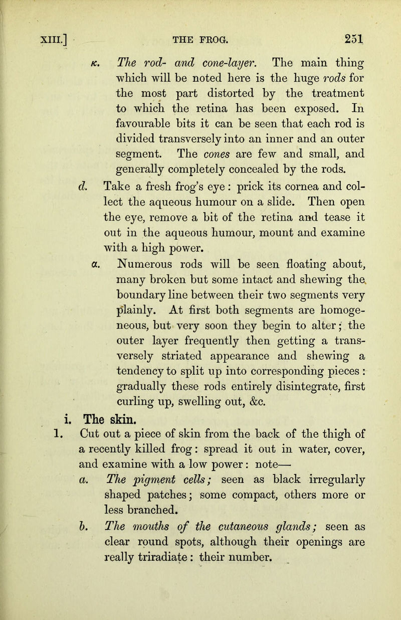 k. The rod- and cone-layer. The main thing which will be noted here is the huge rods for the most part distorted by the treatment to which the retina has been exposed. In favourable bits it can be seen that each rod is divided transversely into an inner and an outer segment. The cones are few and small, and generally completely concealed by the rods. d. Take a fresh frog’s eye : prick its cornea and col- lect the aqueous humour on a slide. Then open the eye, remove a bit of the retina and tease it out in the aqueous humour, mount and examine with a high power. a. Numerous rods will be seen floating about, many broken but some intact and shewing the, boundary line between their two segments very plainly. At first both segments are homoge- neous, but very soon they begin to alter; the outer layer frequently then getting a trans- versely striated appearance and shewing a tendency to split up into corresponding pieces : gradually these rods entirely disintegrate, first curling up, swelling out, &c. i. The skin. 1. Cut out a piece of skin from the back of the thigh of a recently killed frog: spread it out in water, cover, and examine with a low power: note— a. The pigment cells; seen as black irregularly shaped patches; some compact, others more or less branched. h. The mouths of the cutaneous glands; seen as clear round spots, although their openings are really triradiate : their number.