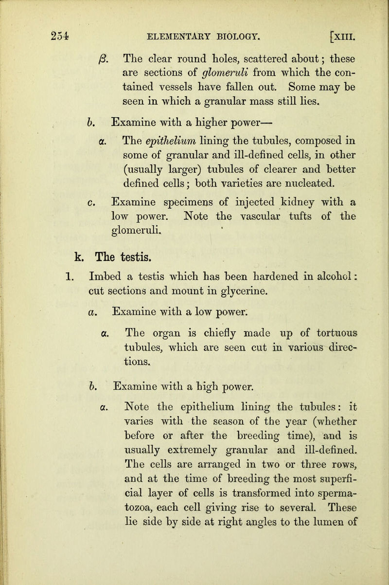 fi. The clear round holes, scattered about; these are sections of glomeruli from which the con- tained vessels have fallen out. Some may be seen in which a granular mass still lies. b. Examine with a higher power— ol. The epithelium lining the tubules, composed in some of granular and ill-defined cells, in other (usually larger) tubules of clearer and better defined cells; both varieties are nucleated. c. Examine specimens of injected kidney with a low power. Note the vascular tufts of the glomeruli. k. The testis. 1. Imbed a testis which has been hardened in alcohol: cut sections and mount in glycerine. a. Examine with a low power. a. The organ is chiefly made up of tortuous tubules, which are seen cut in various direc- tions. b. Examine with a high power. ot. Note the epithelium lining the tubules: it varies with the season of the year (whether before or after the breeding time), and is usually extremely granular and ill-defined. The cells are arranged in two or three rows, and at the time of breeding the most superfi- cial layer of cells is transformed into sperma- tozoa, each cell giving rise to several. These lie side by side at right angles to the lumen of
