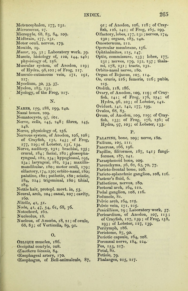 Metencephalon, 177, 231. Micrococcus, 27. Micropyle, 68, 83, 84, 109. Midbrain, 177, 231. Motor oculi, nervus, 179. Moulds, 29. Mucor, 29, 32 ; Laboratory work, 39. Muscle, histology of, 120, 144, 246; physiology of, 256. Muscular system, of Anodon, 119; of Hydra, 98,102 ; of Frog, 217. Musculo-cutaneous vein, 171, 191, 227. Mycelium, 30, 33, 37. Myelon, 183, 231. Myology, of the Frog, 217. N. Nakes, 159, 188, 199, 240. Nasal bones, 209. Nematocysts, 97, 101. Nerve, cells, 145, 248; fibres, 145, 248. Nerve, physiology of, 256. Nervous system, of Anodon, 106, 108; of Crayfish, 131, 143; of Frog, 177, 229; of Lobster, 131' 134. Nerve, auditory, 232; brachial, 235; crural, 184; facial, 182; glossopha- ryngeal, 182, 234; hypoglossal, 195, 234; laryngeal, 182, 234; maxillo- mandibular, 180; motor oculi, 179; olfactory, 174,230; orbito-nasal, 180; palatine, 180; pathetic, 180; sciatic, 184, 224; trigeminal, 180; tibial, 184. Nettle hair, protopl. movt. in, 53. Neural, arch, 204; canal, 207; cavity, 160. Nitella, 41, 51. Node, 41, 47, 54, 61, 68, 76. Notochord, 162. Nucleolus, 18. Nucleus, of Amoeba, 18, 21; of ovule, 68, 83; of Vorticella, 89, 91. O. Oblique muscles, 186. Occipital condyle, 208. (Enothera biennis, 84. (Esophageal artery, 170. (Esophagus, of Bell-animalcule, 87, 9r; of Anodon, 106, 118; of Cray-^ fish, 126, 142; of Frog, 165, 199. Olfactory, lobes, 177,231; nerves, 174, 230; organs, 185, 240. Omosternum, 212. Opercular membrane, 156. Ophthalmites, 125, 147. Optic, commissure, 233; lobes, 177, 231; nerves, 179, 232, 237; thala- mi, 178, 231; tracts, 232. Orbitomasal nerve, 180. Organ of Bojanus, 107, 114. Os, cruris, 216; femoris, 216; pubis, 215. Otolith, 118, 186. Ovary, of Anodon, 109, 119; of Cray- fish, 141; of Frog, 176, 254; of Hydra, 96, 103; of Lobster, 142. Oviduct, 141, 142, 177, 199. Ovules, 68, 83. Ovum, of Anodon, 109, 119; of Cray- fish, 133; of Frog, 176, 256; of Hydra, 97, 103; of Lobster, 133., P. Palatine, bone, 209; nerve, 180. Pallium, 105, hi. Pancreas, 166, 196. Papillae, filiformes, 187, 241; fungi- formes, 187, 241. Pferasphenoid bone, 209. Parenchyma, 56, 62, 63, 70, 77. Parieto-frontal bone, 20S. Parieto-splanchnic ganglion, 108, 116. Pasteur’s fluid, 6. Patheticus, nervus, 180. Pectoral arch, 164,212. Pedal ganglion, 108, 116. Peduncle, 81. Pelvic arch, 164, 215. Pelvic vein, 171, 225. Penicillium, 29 ; Laboratory work, 37. Pericardium, of Anodon, 107, 113; of Crayfish, 127, 139 ; of Frog, 158, 193; of Lobster, 127, 139. Perilymph, 186. Peristome, 87, 90. Periotic capsule, 164, 208. Peronaeal nerve, 184, 224. Pes, 153, 217. Petal, 82. Petiole, 79. Phalanges, 215, 217.