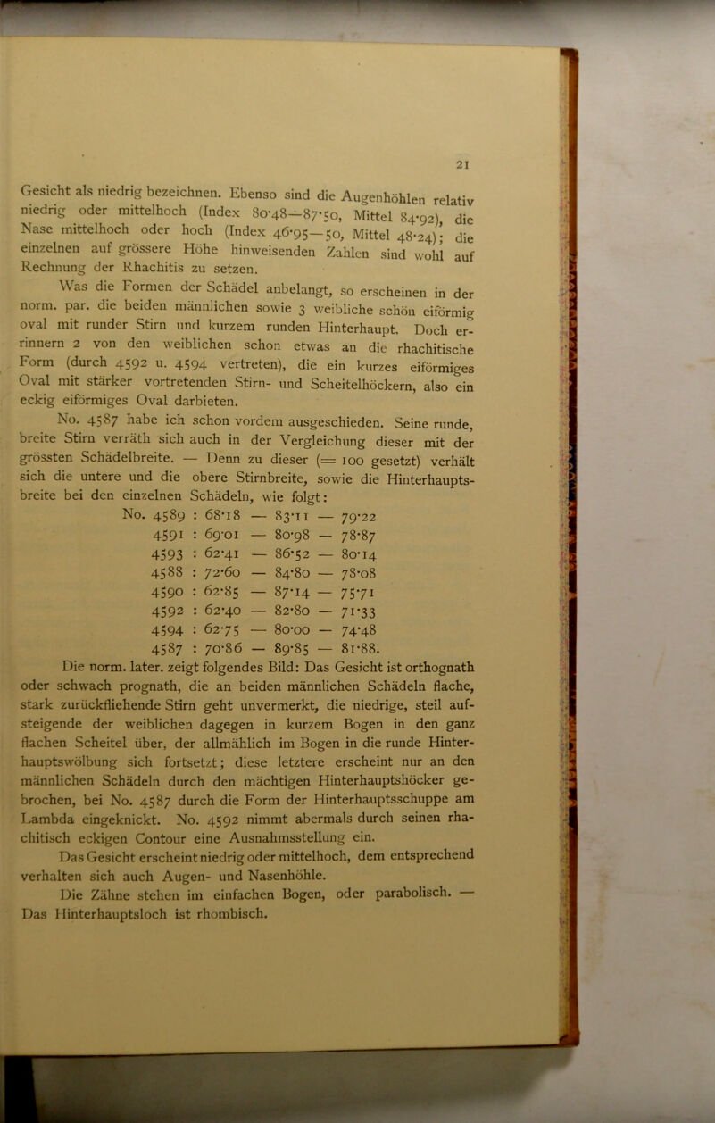 Gesicht als niedrig bezeichnen. Ebenso sind die Augenhöhlen relativ niedrig oder mittelhoch (Inde.x 8o-48-8y5o, Mittel 84-92) die Nase inittelhoch oder hoch (Inde.x 46-95-50, Mittel 48-24)] die einzelnen auf grössere Höhe hinweisenden Zahlen sind wohl auf Rechnung der Rhachitis zu setzen. Was die Formen der Schädel anbelangt, so erscheinen in der norm. par. die beiden männlichen sowie 3 weibliche schön eiförmig oval mit runder Stirn und kurzem runden Hinterhaupt. Doch er- rinnern 2 von den weiblichen schon etwas an die rhachitische Form (durch 459^ u. 4594 vertreten), die ein kurzes eiförmiges Oval mit stärker vortretenden Stirn- und Scheitelhöckern, also ein eckig eiförmiges Oval darbieten. No. 4587 habe ich schon vordem ausgeschieden. Seine runde, breite Stirn verräth sich auch in der Vergleichung dieser mit der grössten Schädelbreite. — Denn zu dieser (= 100 gesetzt) verhält sich die untere und die obere Stirnbreite, sowie die Hinterhaiipts- breite bei den einzelnen Schädeln, wie folgt: No. 4589 : 68*18 — 83*11 — 79*22 4591 : 69-01 — 80*98 — 78*87 4593 : 62*41 — 86*52 — 80*14 4588 : 72*60 — 84*80 — 78*08 4590 : 62*85 — 87*14 — 75*71 4592 : 62*40 — 82*80 — 71*33 4594 : 62-75 — 80*00 — 74*48 4587 : 70-86 — 89*85 — 81*88. Die norm, later, zeigt folgendes Bild: Das Gesicht ist orthognath oder schwach prognath, die an beiden männlichen Schädeln flache, stark zurückfliehende Stirn geht unvermerkt, die niedrige, steil auf- steigende der weiblichen dagegen in kurzem Bogen in den ganz flachen Scheitel über, der allmählich im Bogen in die runde Hinter- hauptswölbung sich fortsetzt; diese letztere erscheint nur an den männlichen Schädeln durch den mächtigen Hinterhauptshöcker ge- brochen, bei No. 4587 durch die Form der Hinterhauptsschuppe am Lambda eingeknickt. No. 4592 nimmt abermals durch seinen rha- chitisch eckigen Contour eine Ausnahmsstellung ein. Das Gesicht erscheint niedrig oder mittelhoch, dem entsprechend verhalten sich auch Augen- und Nasenhöhle. Die Zähne stehen im einfachen Bogen, oder parabolisch. Das Hinterhauptsloch ist rhombisch.