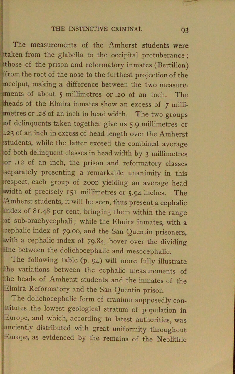 The measurements of the Amherst students were ■taken from the glabella to the occipital protuberance; {those of the prison and reformatory inmates (Bertillon) {from the root of the nose to the furthest projection of the cocciput, making a difference between the two measure- ments of about 5 millimetres or .20 of an inch. The ■heads of the Elmira inmates show an excess of 7 milli- metres or .28 of an inch in head width. The two groups cof delinquents taken together give us 5.9 millimetres or .23 of an inch in excess of head length over the Amherst sstudents, while the latter exceed the combined average of both delinquent classes in head width by 3 millimetres or .12 of an inch, the prison and reformatory classes separately presenting a remarkable unanimity in this ■respect, each group of 2000 yielding an average head Width of precisely 151 millimetres or 5.94 inches. The Amherst students, it will be seen, thus present a cephalic index of 81.48 per cent, bringing them within the range )f sub-brachycephali; while the Elmira inmates, with a cephalic index of yg.oo, and the San Quentin prisoners, with a cephalic index of 79.84, hover over the dividing iine between the dolichocephalic and mesocephalic. The following table (p. 94) will more fully illustrate :he variations between the cephalic measurements of ::he heads of Amherst students and the inmates of the Elmira Reformatory and the San Quentin prison. The dolichocephalic form of cranium supposedly con- stitutes the lowest geological stratum of population in Europe, and which, according to latest authorities, was mciently distributed with great uniformity throughout Europe, as evidenced by the remains of the Neolithic