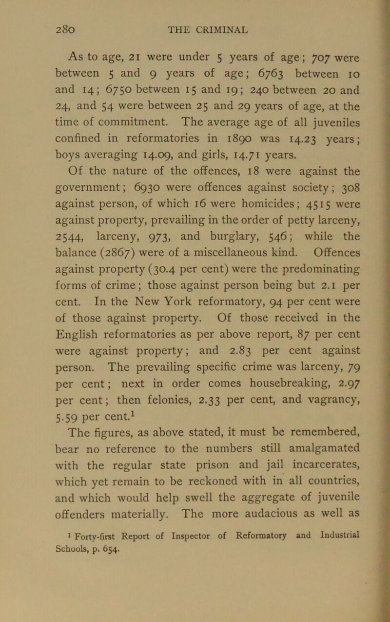 As to age, 21 were under 5 years of age; 707 were between 5 and 9 years of age; 6763 between 10 and 14; 6750 between 15 and 19; 240 between 20 and 24, and 54 were between 25 and 29 years of age, at the time of commitment. The average age of all juveniles confined in reformatories in 1890 was 14.23 years; boys averaging 14.09, and girls, 14.71 years. Of the nature of the offences, 18 were against the government; 6930 were offences against society; 308 against person, of which 16 were homicides; 4515 were against property, prevailing in the order of petty larceny, 2544, larceny, 973, and burglary, 546; while the balance (2867) were of a miscellaneous kind. Offences against property (30.4 per cent) were the predominating forms of crime; those against person being but 2.1 per cent. In the New York reformatory, 94 per cent were of those against property. Of those received in the English reformatories as per above report, 87 per cent were against property; and 2.83 per cent against person. The prevailing specific crime was larceny, 79 per cent; next in order comes housebreaking, 2.97 per cent; then felonies, 2.33 per cent, and vagrancy, 5.59 per cent.1 The figures, as above stated, it must be remembered, bear no reference to the numbers still amalgamated with the regular state prison and jail incarcerates, which yet remain to be reckoned with in all countries, and which would help swell the aggregate of juvenile offenders materially. The more audacious as well as 1 Forty-first Report of Inspector of Reformatory and Industrial Schools, p. 654.