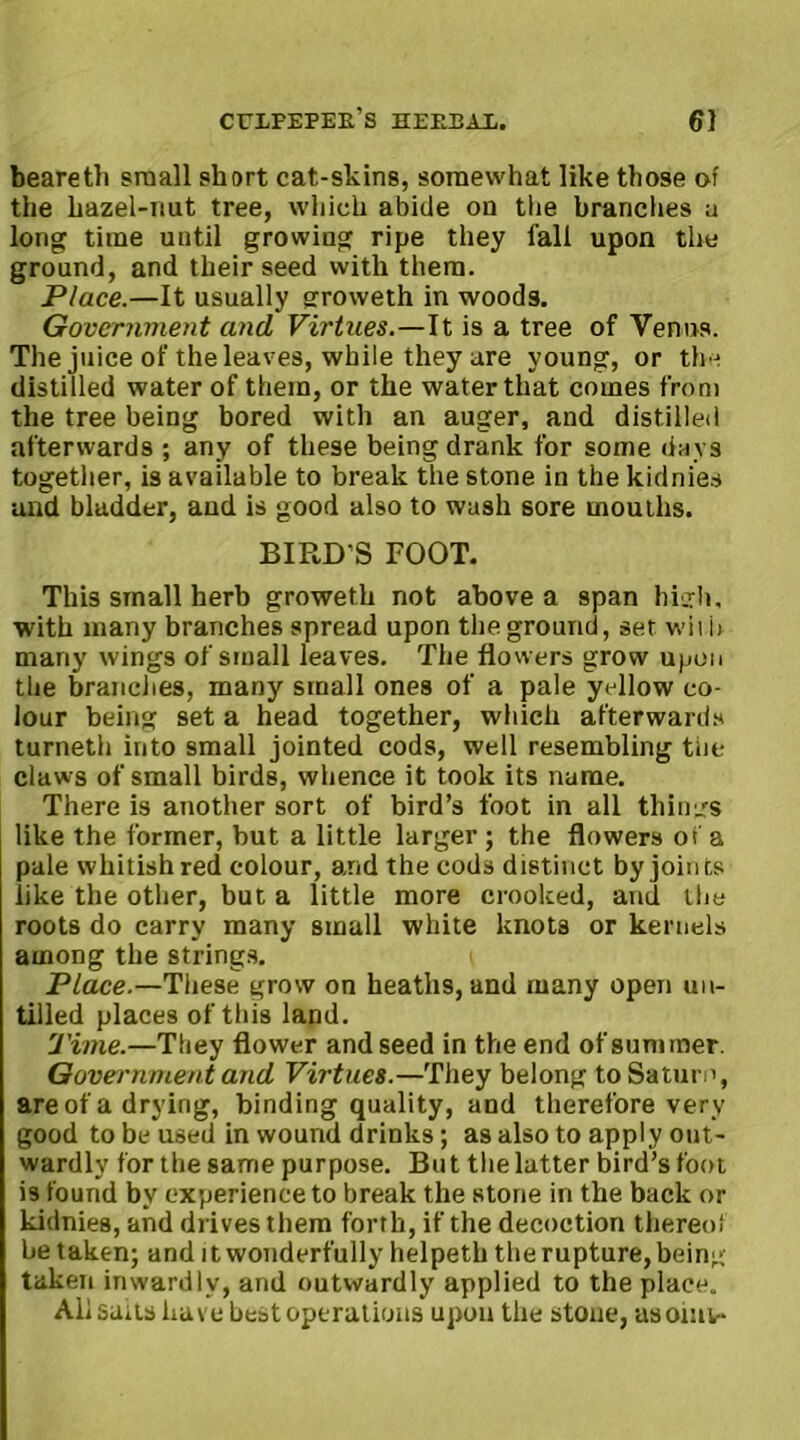 beareth small short cat-skins, somewhat like those of the hazel-nut tree, which abide on the brandies a long time until growing ripe they fall upon the ground, and their seed with them. Place.—It usually groweth in woods. Government and Virtues.—It is a tree of Venus. The juice of the leaves, while they are young, or the distilled water of them, or the water that comes from the tree being bored with an auger, and distilled afterwards ; any of these being drank for some days together, is available to break the stone in the kidnies and bladder, and is good also to wash sore mouths. BIRD'S FOOT. This small herb groweth not above a span high, with many branches spread upon the ground, set wit b many wings of small leaves. The flowers grow upon the branches, many small ones of a pale yellow co- lour being set a head together, which afterwards turneth into small jointed cods, well resembling the claws of small birds, whence it took its name. There is another sort of bird’s foot in all things like the former, but a little larger ; the flowers of a pale whitish red colour, and the cods distinct by joints like the other, but a little more crooked, and the roots do carry many small white knots or kernels among the strings. Place.—These grow on heaths, and many open un- tilled places of this land. Time.—They flower and seed in the end of summer. Government and Virtues.—They belong to Saturn, are of a drying, binding quality, and therefore very good to be used in wound drinks; as also to apply out- wardly for the same purpose. But the latter bird’s foot is found by experience to break the stone in the back or kidnies, and drives them forth, if the decoction thereof be taken; and it wonderfully helpeth the rupture, being taken inwardlv, and outwardly applied to the place. All suits have best operations upon the stone, asoiuv*