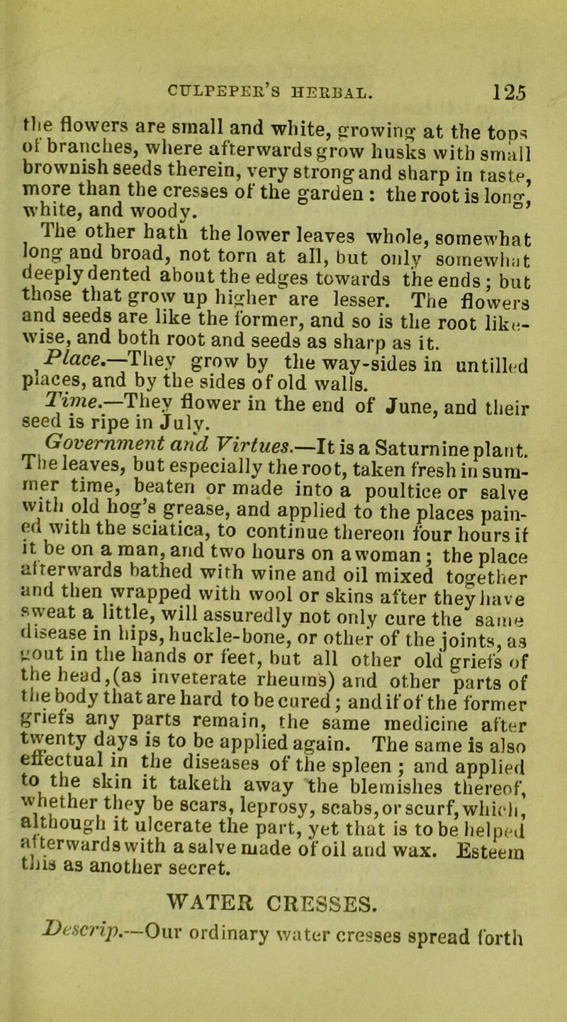 tlie flowers are small and white, plowin'? at the tons ot branches, where afterwards grow husks with small brownish seeds therein, very strong and sharp in taste, more than the cresses of the garden : the root is lono\ white, and woody. D> The other hath the lower leaves whole, somewhat long and broad, not torn at all, but only somewhat deeply dented about the edges towards the ends; but those that grow up higher are lesser. The flowers and seeds are like the former, and so is the root like- wise, and both root and seeds as sharp as it. Place.—They grow by the way-sides in untilled putces, and by the sides of old walls. Time.—They flower in the end of June, and their seed is ripe in July. Government and Virtues.—It is a Saturnine plant. 1 lie leaves, but especially the root, taken fresh in sum- mer time, beaten or made into a poultice or salve with old hog’s grease, and applied to the places pain- ed with the sciatica, to continue thereon four hours if it be on a man, and two hours on a woman; the place afrerwards bathed with wine and oil mixed together and then wrapped with wool or skins after they have sueat a little, will assuredly not only cure the same disease in hips, huckle-bone, or other of the joints, as uout in the hands or feet, but all other old griefs of the head,(as inveterate rheums) and other parts of the body that are hard to be cured; and if of the former griefs any parts remain, the same medicine after twenty days is to be applied again. The same is also effectual in the diseases of the spleen ; and applied to the skin it taketh away the blemishes thereof, whether they be scars, leprosy, scabs, or scurf, which, although it ulcerate the part, yet that is to be helped afterwards with a salve made of oil and wax. Esteem tms as another secret. WATER CRESSES. Descrip.—Our ordinary water cresses spread forth