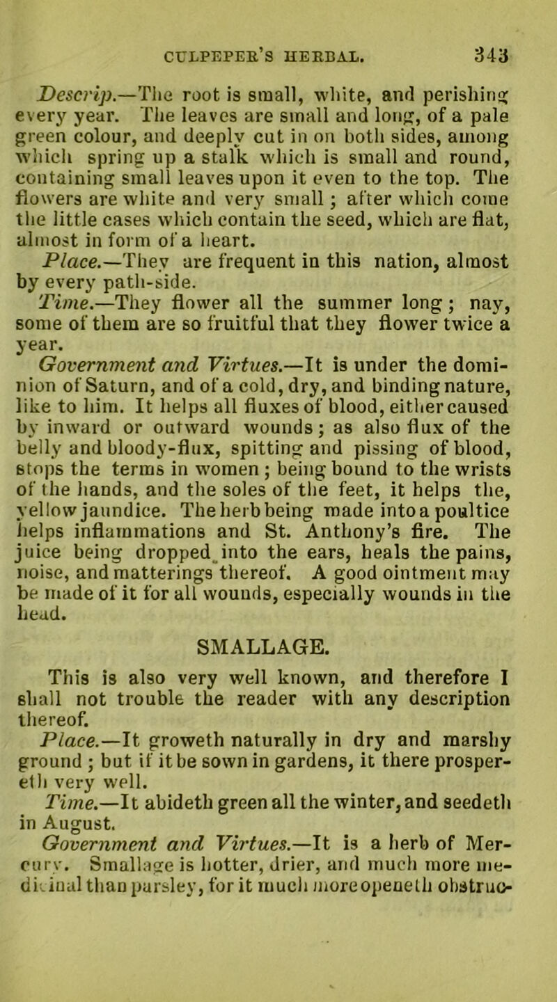 Descrip.—The root is small, white, and perishing; every year. The leaves are small and long, of a pale green colour, and deeply cut in on both sides, among which spring up a stalk which is small and round, containing small leaves upon it even to the top. The flowers are white and very small; after which come the little cases which contain the seed, which are flat, almost in form of a heart. Place.—They are frequent in this nation, almost by every path-side. Time.—They flower all the summer long; nay, some of them are so fruitful that they flower twice a year. Government and Virtues.—It is under the domi- nion of Saturn, and of a cold, dry, and binding nature, like to him. It helps all fluxes of blood, either caused by inward or outward wounds; as also flux of the belly and bloody-flux, spitting and pissing of blood, stops the terms in women ; being bound to the wrists of the hands, and the soles of the feet, it helps the, yellow jaundice. The herb being made into a poultice helps inflammations and St. Anthony’s fire. The juice being dropped into the ears, heals the pains, noise, and matterings thereof. A good ointment may be made of it for all wounds, especially wounds in the head. SMALLAGE. This is also very well known, and therefore I shall not trouble the reader with any description thereof. Place.—It groweth naturally in dry and marshy ground ; but if it be sown in gardens, it there prosper- eth very w'ell. Time.—It abideth green all the winter, and seedeth in August. Government and Virtues.—It i9 a herb of Mer- cury. Smallage is hotter, drier, and much more me- di.iual than parsley, for it much moreopenelh obstruo-