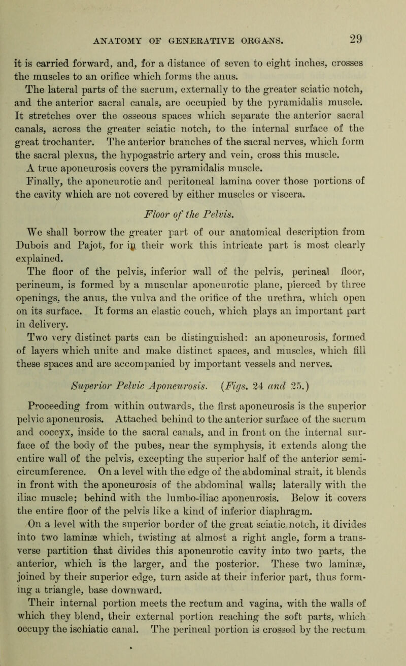 it is carried forward, and, for a distance of seven to eight inches, crosses the muscles to an orifice which forms the anus. The lateral parts of the sacrum, externally to the greater sciatic notch, and the anterior sacral canals, are occupied by the pyramidalis muscle. It stretches over the osseous spaces which separate the anterior sacral canals, across the greater sciatic notch, to the internal surface of the great trochanter. The anterior branches of the sacral nerves, which form the sacral plexus, the hypogastric artery and vein, cross this muscle. A true aponeurosis covers the pyramidalis muscle. Finally, the aponeurotic and peritoneal lamina cover those portions of the cavity which are not covered by either muscles or viscera. Floor of the Pelvis, We shall borrow the greater part of our anatomical description from Dubois and Pajot, for ip. their work this intricate part is most clearly explained. The floor of the pelvis, inferior wall of the pelvis, perineal floor, perineum, is formed by a muscular aponeurotic plane, ])ierced by three openings, the anus, the vulva and the orifice of the urethra, which open on its surface. It forms an elastic couch, which plays an important part in delivery. Two very distinct parts can be distinguished: an aponeurosis, formed of layers which unite and make distinct spaces, and muscles, which fill these spaces and are accompanied by important vessels and nerves. Su'perior Pelvic Aponeurosis. {Figs, 24 and 25.) Proceeding from within outwards, the first aponeurosis is the superior pelvic aponeurosis. Attached behind to the anterior surface of the sacrum and coccyx, inside to the sacral canals, and in front on the internal sur- face of the body of the pubes, near the symphysis, it extends along the entire wall of the pelvis, excepting the superior half of the anterior semi- circumference. On a level with the edge of the abdominal strait, it blends in front with the aponeurosis of the abdominal walls; laterally with the iliac muscle; behind with the lumbo-iliac aponeurosis. Below it covers the entire floor of the pelvis like a kind of inferior diaphragm. On a level with the superior border of the great sciatic notch, it divides into two laminae which, twisting at almost a right angle, form a trans- verse partition that divides this aponeurotic cavity into two parts, the anterior, which is the larger, and the posterior. These two laminae, joined by their superior edge, turn aside at their inferior part, thus form- ing a triangle, base downward. Their internal portion meets the rectum and vagina, with the walls of which they blend, their external portion reaching the soft parts, wliicli occupy the ischiatic canal. The perineal portion is crossed by the rectum