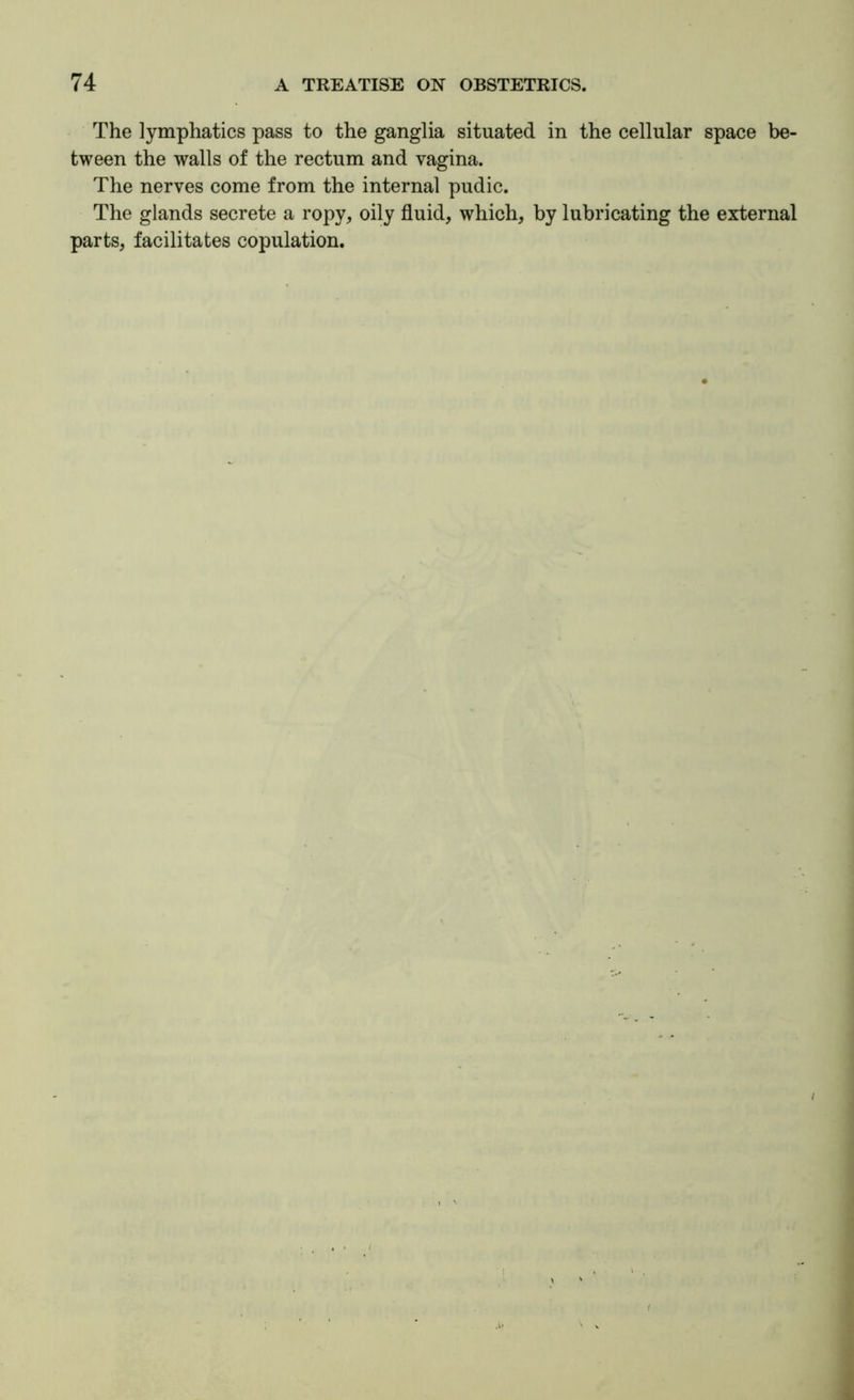 The lymphatics pass to the ganglia situated in the cellular space be- tween the walls of the rectum and vagina. The nerves come from the internal pudic. The glands secrete a ropy, oily fluid, which, by lubricating the external parts, facilitates copulation.