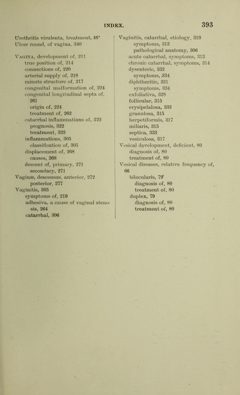 Urethritis virulenta, treatment, 46* Ulcer round, of vagina, 340 Vagina, development of, 211 true position of, 214 connections of, 220 arterial supply of, 218 minute structure of, 217 congenital malformation of, 224 congenital longitudinal septa of, 261 origin of, 224 treatment of, 262 catarrhal inflammations of, 322 prognosis, 322 treatment, 323 inflammations, 305 classification of, 305 displacement of, 268 causes, 268 descent of, primary, 271 secondary, 271 Vaginae, descensus, anterior, 272 posterior, 277 Vaginitis, 305 symptoms of, 219 adhesiva, a cause of vaginal steno- sis, 264 catarrhal, 306 Vaginitis, catarrhal, etiology, 310 symptoms, 313 pathological anatomy, 306 acute catarrhal, symptoms, 313 chronic catarrhal, symptoms, 314 dysenteric, 332 symptoms, -334 diphtheritic, 331 symptoms, 334 exfoliativa, 328 follicular, 315 erysipelalosa, 333 granulosa, 315 herpetiformis, 317 miliaris, 315 septica, 333 vesiculosa, 317 Vesical development, deficient, 80 diagnosis of, 80 treatment of, 80 Vesical diseases, relative frequency of, 66 bilocularis, 79* diagnosis of, 80 treatment of, 80 duplex, 79 diagnosis of, 80 treatment oi, 80