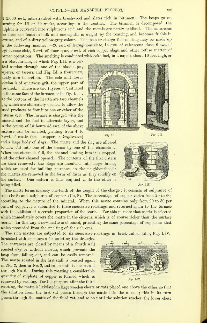 Fig LII. f 2,000 cwt., interstratified with brushwood and slates rich in bitumen. The heaps go on urning for 15 or 20 weeks, according to the weather. The bitumen is decomposed, the iilphur is converted into sulphurous acid, and the metals -are partly oxidised. The calcareous re loses one-tenth in bixlk and one-eighth in weight by the roasting, and becomes friable in ixture, and of a dirty yellow-grey colour. The post or charge for smelting may be made up I the following manner :—20 cwt. of ferruginous slate, 14 cwt. of calcareous slate, 6 cwt. of rgillaceous slate, 3 cwt. of fluor spar, 3 cwt. of rich copper slags, and other refuse matter of Jormer operations. The smelting is conducted with coke fuel, in a cupola about 18 feet high, or p a blast furnace, of which Fig. LII. is a ver- ical section through one of the blast pipes, uyeres, or tweers, and Fig. LI. a front view, lartly also in section. The sole and lower i)ortion is of quartzose gi'it, the upper part of ire-brick. There are two tuyeres t, t, situated )n the same face of the furnace, as in Fig. LIII. Vt the bottom of the hearth are two channels ), 0, which are alternately opened to allow the used products to flow into one or other of the ;isterns c, c. The furnace is charged with the mineral and the fuel in alternate layers, and ! n the course of 15 hours 48 cwt. of the above ___„„__ jpaixture can be smelted, yielding from 4 to p cwt. of matte (crude copper or kupferstein) ^'^ Ijind a large body of slags. The matte and the slag are allowed ito flow out into one of the basins by one of the channels o. hen one cistern is full, the channel leading into it is stopped, nd the other channel opened. The contents of the first cistern ,re then removed: the slags are moulded into large bricks, [which are used for building purposes in the neighbourhood : the mattes are removed in the form of discs as they solidify on the surface. One cistern is thus emptied while the other is being filled. Fig. hiu. The matte forms scarcely one-tenth of the weight of the charge ; it consists of sulphiiret of liron (FeS) and sulphuret of copper (CujS). The percentage of copper varies from 20 to 60, according to the nature of the mineral. When this matte contains only from 20 to 30 per cent, of copper, it is submitted to three successive roastings, and returned again to the furnace with the addition of a certain proportion of the scoria. For this purpose that scoria is selected which immediately covers the matte in the cisterns, which is of course richer than the sm-face scoria. In this way a new matte is obtained, presenting the same percentage of copper as that which proceeded from the smelting of the rich ores. The rich mattes- are subjected to six successive roastings in brick-walled kilns, Fig. LIV. furnished with openings o for assisting the draught. The entrances are closed by means of a fourth wall erected dry or without mortal, which prevents the heap from falling out, and can be easily removed. The matte roasted in the first stall is roasted again in No. 2, then in No. 3, and so on until it has passed through No. 6. During this roasting a considerable quantity of sulphate of copper is formed, which is removed by washing. For this purpose, after the third roasting, the matte is lixiviated in large wooden chests or vats placed one above the other, so that the solution from the first vat passes through the matte into the second; this in its turn passes throitgh the matte of the third vat, and so on until the solution reaches the lower chest Fig. HV.