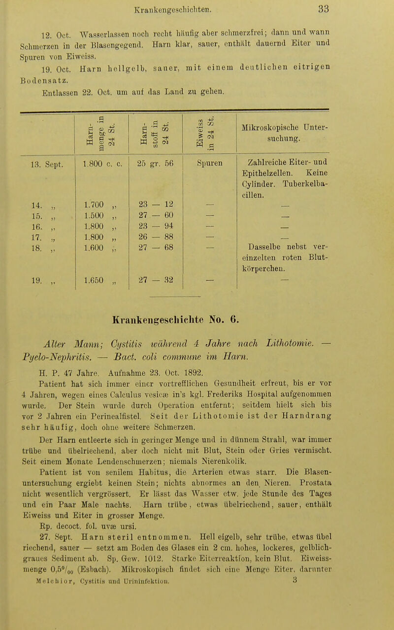 12. Oct. Wasserlassen noch recht hänflg aber schmerzfrei; dann und wann Schmerzen in der Blasengegend. Harn klar, sauer, enthält dauernd Eiter und Spuren von Eiweiss. 19. Oct. Harn hollgelb, sauer, mit einem deutlichen eitrigen Bodensatz. Entlassen 22. Oct. um auf das Land zu gehen. Harn- menge in 24 St. Harn- Stoff in 1 24 St. 1 Eiweiss in 24 St. Mikroskopische Unter- suchung. LS. Sept. 1.800 c. c. 25 gr. 56 Spuren Zahlreiche Eiter- und Epithelzellen. Keine Cylinder. Tuberkelba- cillen. 14. )) 1.700 >' 23 12 15. II 1.500 II 27 60 16. ji 1.800 >i 23 94 17. '} 1.800 >i 26 88 18. )' 1.600 11 27 68 Dasselbe nebst ver- einzelten roten Blut- körperchen. 19. 1.650 n 27 32 Krankeiigeschiclite No. 6. Älter Mann; Oystitis während 4 Jahre nach Lithotomie. — Pyelo-Nephritis. — Bact. coli commune im Harn. H. P. 47 Jahre. Aufnahme 23. Oct. 1892. Patient hat sich immer einer vortrefflichen Gesundheit erfreut, bis er vor 4 Jahren, wegen eines Calculus vesicge in's kgl. Frederiks Hospital aufgenommen wurde. Der Stein wurde durch Operation entfernt; seitdem hielt .sich bis vor 2 Jahren ein Perinealfistel, Seit der Lithotomie ist der Harndrang sehr häufig, doch ohne weitere Schmerzen. Der Harn entleerte sich in geringer Menge und in dünnem Strahl, war immer trübe und übelriechend, aber doch nicht mit Blut, Stein oder Gries vermischt. Seit einem Monate Lendenschmerzen; niemals Nierenkolik. Patient ist von senilem Habitus, die Arterien etwas starr. Die Blasen- untersuchung ergiebt keinen Stein; nichts abnormes an den Nieren. Prostata nicht wesentlich vergrössert. Er lässt das Wasser otw. jede Stunde des Tages und ein Paar Male nachts. Harn trübe , etwas übelriechend, sauer, enthält Eiweiss und Eiter in grosser Menge. Rp. decoct. fol. uvse ursi. 27. Sept. Harn steril entnommen. Hell eigelb, sehr trübe, etwas übel riechend, sauer — setzt am Boden des Glases ein 2 cm. hohes, lockeres, gelblich- graues Sediment ab. Sp. Gew. 1012. Starke Eit.crreaktion, kein Blut. Eiweiss- menge 0,5*/o(, (Esbach). Mikroskopisch findet nich eine Menge Eiter, darunter iMelcliior, Cystitis und Uriiiliifektioii. 3