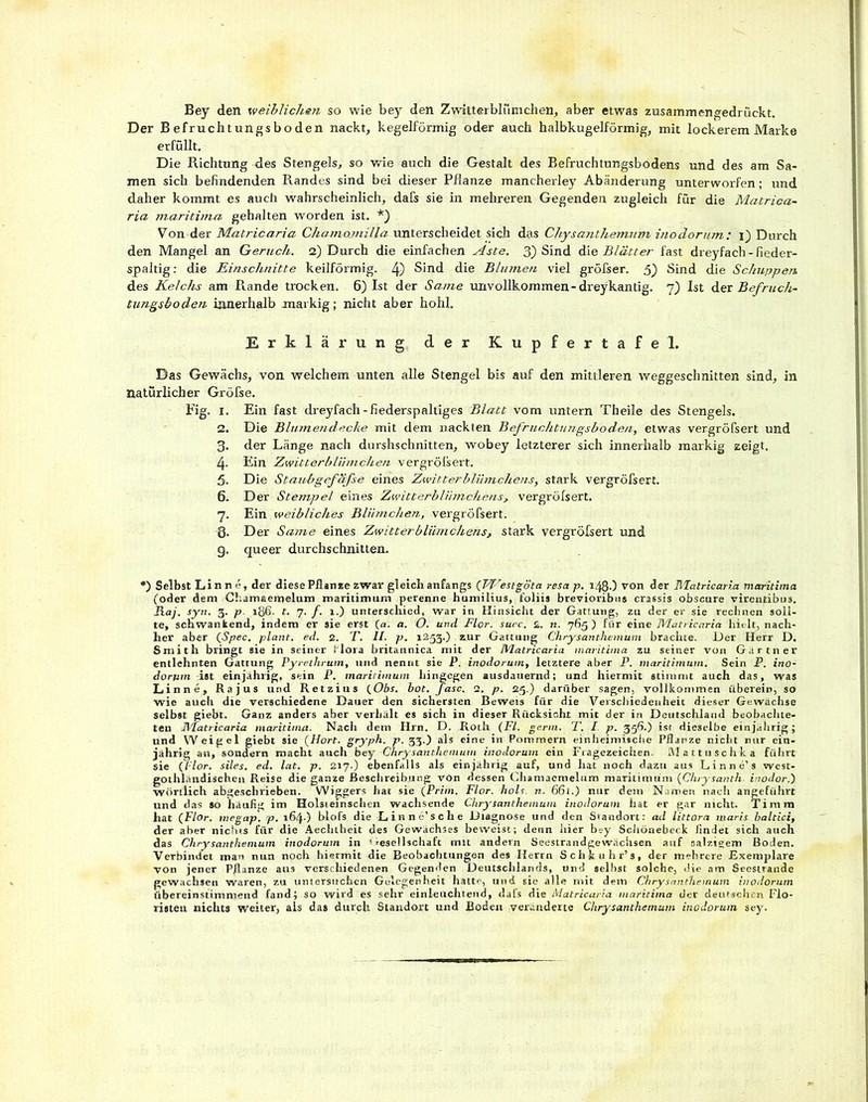 Der Befruchtungsboden nackt, kegelförmig oder auch halbkugelförmig, mit lockerem Marke erfüllt. Die Richtung des Stengels, so wie auch die Gestalt des Befruchtungsbodens und des am Sa- men sich befindenden Randes sind bei dieser Pflanze mancherley Abänderung unterworfen; und daher kommt es auch wahrscheinlich, dafs sie in mehreren Gegenden zugleich für die Matrica- ria maritima gehalten worden ist. *) Von der Matricaria Chamojnilla unterscheidet sich das Chysanthemum inodorum : i) Durch den Mangel an Geruch. 2) Durch die einfachen Aste. 3) Sind die Blätter fast dreyfach-fieder- spaltig: die Einschnitte keilförmig. 4) Sind die Blumen viel gröfser. 5) Sind die Schuppen des Kelchs am Rande trocken. 6) Ist der Same unvollkommen-dreykantig. 7) Ist der Befruch- tungsboden innerhalb markig; nicht aber hohl. Erklärung, der Kupfertafel. Das Gewächs, von welchem unten alle Stengel bis auf den mittleren weggeschnitten sind, in natürlicher Gröfse. Fig. 1. Ein fast dreyfach-fiederspaltiges Blatt vom untern Theile des Stengels. 2. Die Blumendecke mit dem nackten Befruchtungsboden, etwas vergrößert und 3. der Länge nach durshschnitten, wobey letzterer sich innerhalb markig zeigt. 4- Ein Zwitterblümchen vergrößert. 5. Die Staubgefäfse eines Zwitterblümchens, stark vergröfsert. 6. Der Stempel eines Zwitterblümchens, vergröfsert. 7. Ein weibliches Blümchen, vergröfsert. 3. Der Same eines Zwitterblümchens, stark vergröfsert und g. queer durchschnitten. •) Selbst Linne, der diese Pflanze zwar gleich anfangs (Westgöta resa p. 148O von der Matricaria maritima (oder dem Chamaerrtelum maritimum perenne humilius, foliis brevioribus crassis obscure virentibus. Raj. syn. 3. p. 186. t. 7. f. 1.) unterschied, war in Hinsicht der Gattung, zu der er sie rechnen soll- te, schwankend, indem er sie erst (a. a. O. und Flor. suec. 2. n. 765 ) für eine Matricaria hielt, nach- her aber (Spec. plant, ed. 2. T. II. p. 1253.) zur Gattung Chrysanthemum brachte. Der Herr D. Smith bringt sie in seiner flora britannica mit der Matricaria maritima zu seiner von Gärtner entlehnten Gattung Pyrethrum, und nennt sie P. inodorum, letztere aber P. maritimum. Sein P. ino- dortim -ist einjährig, sein P. maritimum hingegen ausdauernd; und hiermit stimmt auch das, was Linne, Rajus und Retzius (Obs. hot. fase. 2. p. 25.) darüber sagen, vollkommen überein, so wie auch die verschiedene Dauer den sichersten Beweis für die Verschiedenheit dieser Gewächse selbst giebt. Ganz anders aber verbält es sich in dieser Rücksicht mit der in Deutschland beobachte- ten Matricaria maritima. Nach dem Hrn. D. Roth (Fl. germ. T. I. p. 356.) ist dieselbe einjährig; und Weigel giebt sie (Hort, gryph. p. 33.) als eine in Pommern einheimische Pflanze nicht nur ein- jährig a-n, sondern macht auch bey Chrysanthemum inodorum ein Fragezeichen. Mattu sc hka führt sie (Flor, siles. ed. lat. p. 217.) ebenfalls als einjährig auf, und hat noch dazu aus Linne’ s west- gothländischen Reise die ganze Beschreibung von dessen Chamaemelum maritimum (Chrysanth. inodor.) wörtlich abgeschrieben. Wiggers bat sie (Prim. Flor. holt. n. 66i.) nur dem Namen nach angeführt und das so häufig im Holsieinschen wachsende Chrysanthemum inodorum hat er gar nicht. Timm hat (Flor, megap. p. 164Ö blofs die -Linne’sehe Diagnose und den Standort: ad littora maris baltici, der aber nichts für die Aechtheit des Gewächses beweist; denn hier bey Schönebeck findet sich auch das Chrysanthemum inodorum in Gesellschaft mit andern Seestrandgewächsen auf salzigem Boden. Verbindet man nun noch hiermit die Beobachtungen des Herrn Schkuhr’s, der mehrere Exemplare von jener Pflanze aus verschiedenen Gegenden Deutschlands, und seihst solche, die am Seestrande gewachsen waren, zu untersuchen Gelegenheit hatte, und sie alle mit dem Chrysanthemum inodorum übereinstimnjend fand; so wird es sehr einleuchtend, dafs die Matricaria maritima der deutschen Flo- risten nichts weiter, als das durch Standort und Boden veränderte Chrysanthemum inodorum sey.