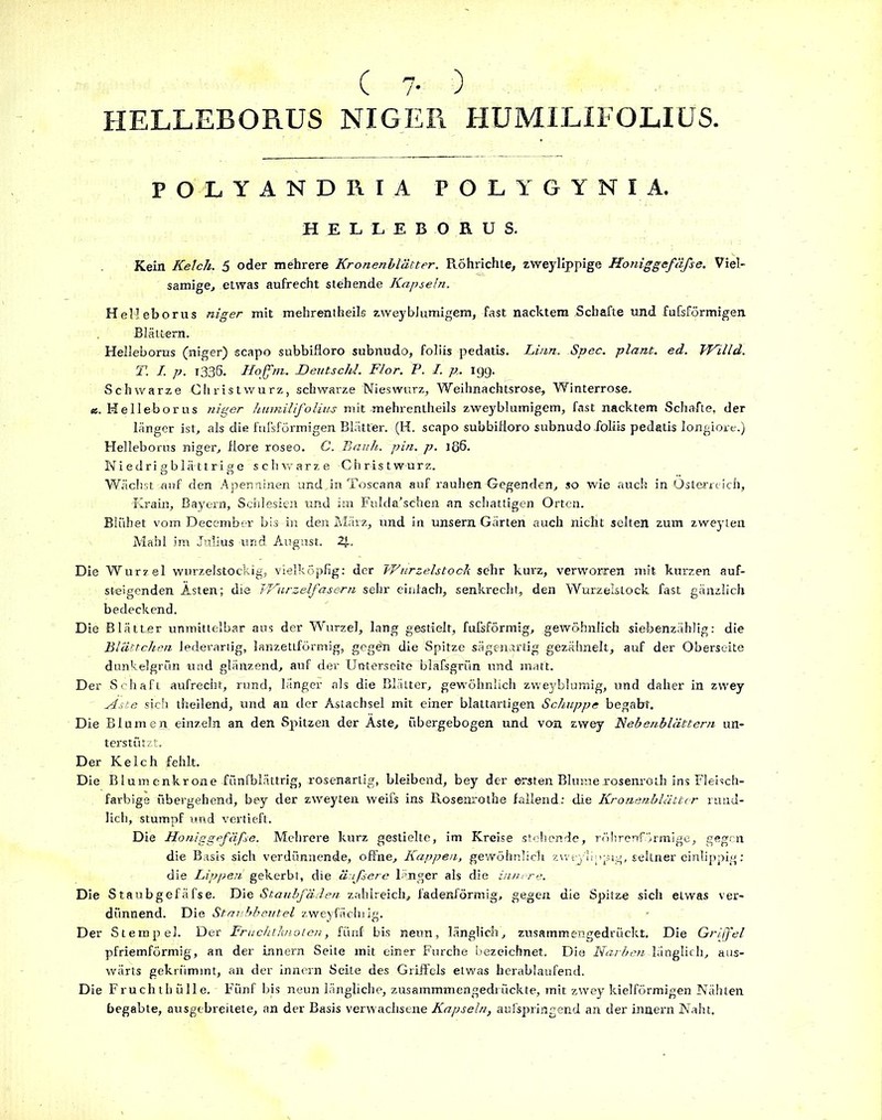 ( 7- ) HELLEBORUS NIGER HUMILIFOLIUS. POLYANDRIA POLYGYNIA. HELLEBORUS. Kein Kelch. 5 oder mehrere Kronenblätter. Röhrichte, zweylippige Honig gefäfse. Viel- samige, etwas aufrecht stehende Kapseln. HeMeborus niger mit mehrentheils zwey blumigem, fast nacktem Schafte und fufsförmigen Blättern. Helleborus (niger) scapo subbifloro subnudo, foliis pedatis. Li/m. Spec. plant. ed. Willd. T. I. p. 1336. Jlojfm. Deutschi. Flor. P. I. p,. igg. Schwarze Christwurz, schwarze Nieswurz, Weihnachtsrose, Winterrose. «. Helleborus niger humilifolius mit mehrentheils zweyblumigem, fast nacktem Schafte, der länger ist, als die fufsförmigen Blätter. (H. scapo subbifloro subnudo .foliis pedatis longiore.) Helleborus niger, flore roseo. C. Bauh. pin. p. ]ß6. Niedrig blättrige s eh war z e Chris twurz. Wächst -euf den Apenninen und,in Toscana auf rauhen Gegenden, so wie auch in Österreich, Krain, Bayern, Schlesien und im Fulda’schen an schattigen Orten. Blühet vom December bis in den März, und in unsern Gärten auch nicht selten zum zweyten Mahl im Julius und. August. 2,1. Die Wurzel wurzelstockig, vielköpfig: der Wurzelstock sehr kurz, verworren mit kurzen auf- steigenden Ästen; die W~urzelfasern sehr einfach, senkrecht, den Wurzelstock fast gänzlich bedeckend. Die Blätter unmittelbar aus der Wurzel, lang gestielt, fufsförmig, gewöhnlich siebenzählig: die Blättchen lederartig, lanzettförmig, gegön die Spitze sägenartig gezähnelt, auf der Oberseite dunkelgrün und glänzend, auf der Unterseite blafsgrün und matt. Der Schaft aufrecht, rund, länger als die Blätter, gewöhnlich zweyblumig, und daher in zwey Aste sich theilend, und an der Astachsel mit einer blattartigen Schuppe begabt. Die Blum eil einzeln an den Spitzen der Äste, übergebogen und von zwey Nebenblättern un- terstützt. Der Kelch fehlt. Die B Ium en kr one fünf blättrig, ros enarlig, bleibend, bey der ersten Blume xosenroth ins Fleisch- farbige übergehend, bey der zweyten weifs ins Rosenrothe fallend: die Kronenblätter rund- lich, stumpf und vertieft. Die Honiggefäfse. Mehrere kurz gestielte, im Kreise stehende, röhrenförmige, gegen die Basis sich verdünnende, offne, Kappen, gewöhnlich zweylippig, seltner einlippig: die Lippen gekerbt, die äufsere länger als die innere. Die Staubgefäfse. Die Staubfäden zahlreich,, fadenförmig, gegen die Spitze sich etwas ver- dünnend. Die Staubbeutel zweyfächrig. Der Stempel. Der Fruchtknoten, fünf bis neun, länglich, zusammengedrückt. Die Griffel pfriemförmig, an der innern Seite mit einer Furche bezeichnet. Die Narben-länglich, aus- wärts gekrümmt, an der innern Seite des Griffels etwas herablaufend. Die Fruchtb ülle. Fünf bis neun längliche, zusammmengedrückte, mit zwey kielförmigen Nähten begabte, ausgebreitete, an der Basis verwachsene Kapseln, aufspringend an der innern Naht.