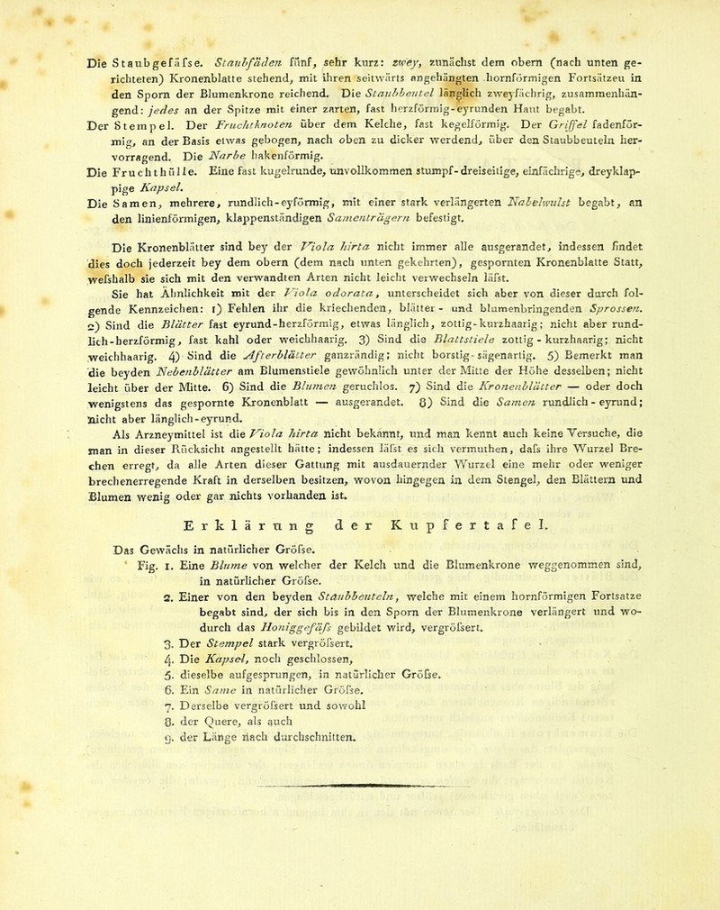 Die Staubgefäfse. Staubfaden fünf, sehr kurz: zwey, zunächst dem obem (nach unten ge- richteten) Kronenblatte stehend, mit ihren seitwärts angehängten liornförmigen Fortsätzeu in den Sporn der Blumenkrone reichend. Die Staubbeutel länglich zweyfächrig, zusammenhän- gend: jedes an der Spitze mit einer zarten, fast herzförmig-feyrunden Haut begabt. Der Stempel. Der Fruchtknoten über dem Kelche, fast kegelförmig. Der Griffel fadenför- mig, an der Basis etwas gebogen, nach oben zu dicker werdend, über den Staubbeuteln her- vorragend. Die Narbe hakenförmig. Die Fru c h t h ü 1 i e. Eine fast kugelrunde, unvollkommen stumpf- dreiseitige, einfächrige, dreyklap- pige Kapsel. Die Samen, mehrere, rundlich-eyförmig, mit einer stark verlängerten Nabelwulst begabt, an den linienförmigen, klappenständigen Samentrdgern befestigt. Die Kronenblätter sind bey der Viola hirta nicht immer alle ausgerandet, indessen findet dies doch jederzeit bey dem obern (dem nach unten gekehrten), gespornten Kronenblatte Statt, wefshalb sie sich mit den verwandten Arten nicht leicht verwechseln läfst. Sie hat Ähnlichkeit mit der Viola odorata, unterscheidet sich aber von dieser durch fol- gende Kennzeichen: i) Fehlen ihr die kriechenden, blätter - und blumenbringenden Sprossen. e) Sind die Blätter fast eyrund-herzförmig, etwas länglich, zottig-kurzhaarig; nicht aber rund- lich-herzförmig, fast kahl oder weichhaarig. 3) Sind die Blattstiele zottig - kurzhaarig; nicht .weichhaarig. ff) Sind die Afterblätter ganzrändig; nicht borstig-sägenartig. 5) Bemerkt man die beyden Nebenblätter am Blumenstiele gewöhnlich unter der Mitte der Höhe desselben; nicht leicht über der Mitte. 6) Sind die Blumen geruchlos. 7) Sind die Kronenblätter — oder doch wenigstens das gespornte Kronenblatt — ausgerandet. 8) Sind die Samen rundlich - eyrund; nicht aber länglich-eyrund. Als Arzneymittel ist die Viola hirta nicht bekannt, und man kennt auch keine Versuche, die man in dieser Rücksicht angestellt hätte; indessen läßt es sich vermuthen, dafs ihre Wurzel Bre- chen erregt, da alle Arten dieser Gattung mit ausdauernder Wurzel eine mehr oder weniger brechenerregende Kraft in derselben besitzen, wovon hingegen in dem Stengel, den Blättern und Blumen wenig oder gar nichts vorhanden ist. Erklärung der Kupfertafel. Das Gewächs in natürlicher GrÖfse. Fig. 1. Eine Blume von welcher der Kelch und die Blumenkrone weggenommen sind, in natürlicher Gröfse. 2. Einer von den beyden Staubbeuteln, welche mit einem hornförmigen Fortsatze begabt sind, der sich bis in den Sporn der Blumenkrone verlängert und wo- durch das Honiggefäfs gebildet wird, vergrößert. 3. Der Stempel stark vergröfsert. 4. Die Kapsel, noch geschlossen, 5. dieselbe aufgesprungen, in natürlicher Gröfse. 6. Ein Same in natürlicher Gröfse. 7. Derselbe vergrößert und sowohl 8. der Quere, als auch
