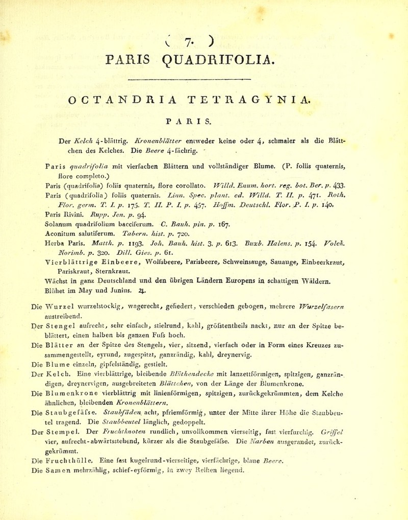 PARIS QUADRIFOLIA OCTANDRIA TETRAGYNIA. PARIS. Der Kelch 4-blättrig. Kronenblätter entweder keine oder l\, schmaler als die Blätt- chen des Kelches. Die Beere 4-fächrig. ' Paris quadrifolia mit vierfachen Blättern und vollständiger Blume. (P. foliis quaternis, flore completo.) Paris (quadrifolia) foliis quaternis, flore corollato. Willd. Ennm. hört. reg. bot. Ber. p. 433- Paris (quadrifolia) foliis quaternis. Linn. Spec. plant, ed. Willd. T. II. p. fjl. Roth. Flor. germ. T. I. p. 175. T. II. P. I. p. 457- Hnjfni. Deutschl. Flor. P. I. p. l4o. Paris Rivini. Rupp. Jen. p. 94. Solanum quadrifolium bacciferum. C. Bauh. pin. p. 167. Aconitum salutiferum. Tabern. hist. p. 720. Herba Paris. Matth, p. 1193. Joh. Bauh. hist. 3. p- 6l3> Buxb. Halens, p. l54- Ko leb. Norimb. p. 320. Dill. Gies. p. 61. Vierblättrige Einbeere, Wolfsbeere, Parisbeere, Schweinsauge, Sauauge, Einbeerkraut, Pariskraut, Sternkraut. Wächst in ganz Deutschland und den übrigen Ländern Europens in schattigen Wäldern. Blühet im May und Junius. 2J.. Die Wurzel wurzelstockig, wagerecht, gefiedert, verschieden gebogen, mehrere Wurzelfasern auslreibend. Der Stengel aufrecht, sehr einfach, stielrund, kahl, grölstentheils nackt, nur an der Spitze be- blättert, einen halben bis ganzen Fufs hoch. Die Blätter an der Spitze des Stengels, vier, sitzend, vierfach oder in Form eines Kreuzes zu- sammengestellt, eyrund, zugespitzt, ganzrändig, kahl, dreynervig. Die Blume einzeln, gipfelständig, gestielt. Der Kelch. Eine vierblättrige, bleibende Bliithendecke mit lanzettförmigen, spitzigen, ganzrän- digen, dreynervigen, ausgebreiteten Blättchen, von der Länge der Blumenkrone. Die Blumenkrone vierblättrig mit linienförmigen, spitzigen, zurückgekrümmten, dem Kelche ähnlichen, bleibenden Kronenblättern. Die Staubgefäfse. Staubfäden^ acht, pfriemförmig, unter der Mitte ihrer Höhe die Staubbeu- tel tragend. Die Staubbeutel länglich, gedoppelt. Der Stempel. Der Fruchtknoten rundlich, unvollkommen vierseitig, fast vierfurchig. Griffel vier, aufrecht-abwärtsstehend, kürzer als die Staubgefäfse. Die Narben ausgerandet, zurück- gekrümmt. Die Fruchthülle, Eine fast kugelrund-vierseitige, vierfächrige, blaue Beere. Die Samen mehrzählig, schief-eyförmig, in zwey Reihen liegend.