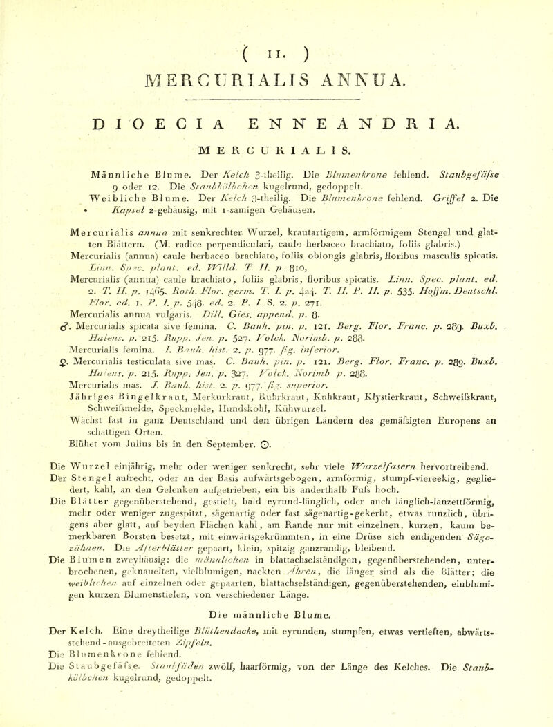 MERC URIALIS ANNUA. DIOECIA ENNEANDRIA. MERCURIALIS. Männliche Blume. Der Kelch 3-theilig. Die Blumenkrone fehlend. Staubgefiifse 9 oder 12. Die Staubkölbchen kugelrund, gedoppelt. Weibliche Blume. Der Kelch 3-theilig. Die Bhimenkrone fehlend. Griffel 2. Die • Kapsel 2-gehäusig, mit x-samigen Gehäusen. Mercurialis anmta mit senkrechter. Wurzel, krautartigem, armförmigem Stengel und glat- ten Blättern. (M. radice perpendiculari, caule herbaceo brachiato, foliis glabris.) Mercurialis (annua) caule herbaceo brachiato, foliis oblongis glabris, floi'ibus masculis spicatis. Kinn. Spsc. plant, ed. VKilld. T. II. p. ßio, Mercurialis (annua) caule brachiato, foliis glabris, floribus spicatis. Linn. Spec. plant, ed. 2. T. II. p. 1465. Roth. Flor. germ. T. I. p. 424. T. II. P. II. p. 535• Hoffm. Deutschi. Flor. ed. 1. P. 1. p. 5l\Q. ed. 2. P. 1. S. 2. p. 271. Mercurialis annua vulgaris. Dill. Gies. append. p. 8. (j\ Mercurialis spicata sive femina. C. Rauh. pin. p. 121. Berg. Flor. Frajic. p. 289. Buxb. Halens, p. 215. Rapp. Jen. p. 527. Ko Ick. Norimb. p. 288- Mercurialis femina. I. Bauh. hist. 2. p. 977. fig. inferior. $. Mercurialis testiculata sive mas. C. Bauh. pin. p. 121. Berg. Flor. Franc, p. 289. Buxb. Halens, p. 215. Rupp. Jen. p. 327. Ko Ick, Norimb p. 2ß8- Mercurialis mas. J. Bauh. hist. 2. p. 977. fig. superior. Jähriges Bingelkraut, Merkurkraut, Ruhrkraut, Kuhkraut, Klystierkraut, Schweifs kraut, Schweifsmelde, Speckmelde, Hundskohl, Kühwurzel. Wächst fast in ganz Deutschland und den übrigen Ländern des gemäfsigten Europens an schattigen Orten. Blühet vom Julius bis in den September. O- Die Wurzel einjährig, mehr oder weniger senkrecht, sehr viele VKurzelfasern her'vortreibend. Dfer Stengel aufrecht, oder an der Basis aufwärtsgebogen, arniförmig, stumpf-viereekig, geglie- dert, kahl, an den Gelenken aufgetrieben, ein bis anderthalb Fufs hoch. Die Blätter gegenüberstehend, gestielt, bald eyrund-länglich, oder auch länglich-lanzettförmig, mehr oder weniger zugespitzt, sägenartig oder fast sägenartig-gekerbt, etwas runzlich, übri- gens aber glatt, auf beyden Flächen kahl, am Rande nur mit einzelnen, kurzen, kaum be- merkbaren Borsten besetzt, mit einwärtsgekrümmten, in eine Drüse sich endigenden Säge- zähnen. Die Afterblätter gepaart, klein, spitzig ganzrandig, bleibend. Die Blumen zweyhäusig: die männlichen in blattachselständigen, gegenüberstehenden, unter- brochenen, geknauelten, vielblumigen, nackten Akren, die länger sind als die Blätter; die weiblichen auf einzelnen oder gepaarten, blattachselständigen, gegenüberstehenden, einblumi- gen kurzen Blumenstielen, von verschiedener Länge. Die männliche Blume. Der Kelch. Eine dreytheilige Bliithendecke, mit eyrunden, stumpfen, etwas vertieften, abwärts- stehend - ausgebreiteten Zipfeln. Die Blumenkrone fehlend. Die Staubgefäfse. Staubfäden zwölf, haarförmig, von der Länge des Kelches. Die Staub- kölbchen kugelrund, gedoppelt.