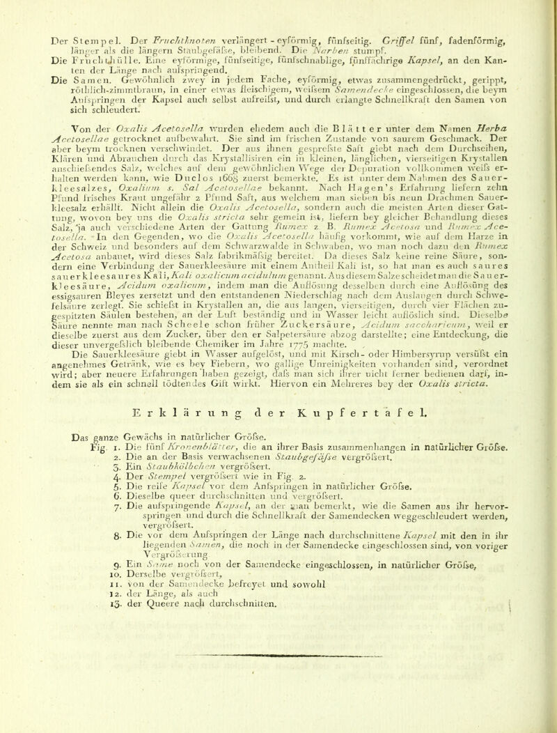 Der Stempel. Der Fruchtknoten verringert - eyformig, fünfseitig. Griffel fünf, fadenförmig, länger als die langem Staubgefäfse, bleibend. Die Narben stumpf. Die Fruclnjiülle. Eine eyförmige, fünfseitige, fünfschnablige, funffächrige Kapsel, an den Kan- ten der Länge nach aufspringend. Die Samen. Gewöhnlich zwey in jedem Fache, eyformig, etwas zusammengedruckt, gerippt, röihlich-zimmtbraun, in einer etwas fleischigem, weifsem Samendecke eingeschlossen, die beym Aufspringen der Kapsel auch selbst aufreifst, und durch erlangte Schnellkraft den Samen von sich schleudert. Von der Oxalis Acetosella wurden ehedem auch die Blätter unter dem Namen Herba Acetosellae getrocknet aufbewahrt. Sie sind im frischen Zustande von saurem Geschmack. Der aber beym trocknen verschwindet. Der aus ihnen gesprefste Saft giebt nach dem Durchseihen, Klären und Abrauchen durch das Krystallisiren ein in kleinen, länglichen, vierseitigen Krystallen anschiefsendes Salz, welches auf dem gewöhnlichen Wege der Depuration vollkommen weifs er- halten werden kann, wie Dnclos i66ö zuerst bemerkte. Es ist unter dem Nahmen des Sauer- kleesalzes, Oxalium s. Sal Acetosellae bekannt. Nach Hagen’s Erfahrung liefern zehn Pfund frisches Kraut ungefähr 2 Pfund Saft, aus welchem man sieben bis neun Drachmen Sauer- kleesalz erhallt. Nicht allein die Oxalis Acetosella, sondern auch die meisten Arten dieser Gat- tung, wovon bey uns die Oxalis stricta sehr gemein ist, liefern bey gleicher Behandlung dieses Salz,'ja auch verschiedene Arten der Gattung Rumex z B. Rumex Acetosa und Rumex Ace- tosella. In den Gegenden, wo die Oxalis Acetosella häufig vorkommt, wie auf dem Harze in der Schweiz und besonders auf dem Schwarzwalde in Schwaben, wo man noch dazu den Rumex Acetosa anbauet, wird dieses Salz fabrikmäfsig bereitet. Da dieses Salz keine reine Säure, son- dern eine Verbindung der Sanerkleesäure mit einem Antheil Kali ist, so hat man es auch saures sauerkleesaures K & 1 i, Kali oxalicum acidulurn genannt. Aus diesem Salze scheidet man die Sau er- kleesäure, Acidum oxalicum, indem man die Auflösung desselben durch eine Auflösung des essigsauren Bleyes zersetzt und den entstandenen Niederschlag nach dem Auslaug' n durch Schwe- felsäure zerlegt. Sie schiefst in Krystallen an, die aus langen, vierseitigen, durch vier Flächen zu- gespitzten Säulen bestehen, an der Luft beständig und in Wasser leicht auflöslich sind. Dieselbe Säure nennte man nach Scheele schon früher Zuckersäure, Acidum saccharicum, weil er dieselbe zuerst aus dem Zucker, über den er Salpetersäure abzog darstellte; eine Entdeckung, die dieser unvergefslich bleibende Chemiker im Jahre 1775 machte. Die Sauerideesäure giebt in Wasser aufgelöst, und mit Kirsch - oder Himbersyrup versüfst ein angenehmes Getränk, wie es bey Fiebern, wo gallige Unreinigkeiten vorhanden sind, verordnet wird; aber neuere Erfahrungen haben gezeigt, aafs man sich ihrer uicht ferner bedienen darf, in- dem sie als ein schnell tödtendes Gift wirkt. Hiervon ein Mehreres bey der Oxalis stricta. Erklärung der Kupfertafel. Das ganze Gewächs in natürlicher Gröfse. Fig. 1. Die fünf Kronenblätter, die an ihrer Basis Zusammenhängen in natürlicher Gröfse. 2. Die an der Basis verwachsenen Staubgefäfse vergrößert. 5. Ein Staubkölbchen vergröfsert. 4. Der Stempel vergröfsert wie in Fig. 2. 5. Die reife Kapsel vor dem Anfspringen in natürlicher Gröfse. 6. Dieselbe queer durchschnitten'und vergröfsert. 7. Die aufspringende Kapsel, an der üian bemerkt, wie die Samen aus ihr hervor- springen und durch die Schnellkraft der Samendecken weggeschleudert werden, vergröfsert. 8. Die vor dem Aufspringen der Länge nach durchschnittene Kapsel mit den in ihr liegenden Samen, die noch in der Samendecke eingeschlossen sind, von voriger Vergröfserung. 9. Ein Same noch von der Samendecke eingeschlossen, in natürlicher Gröfse, 10. Derselbe vergröfsert, xi. von der Samendecke befreyet und sowohl J2. der Länge, als auch io- der Queere naeji durchschnitten.