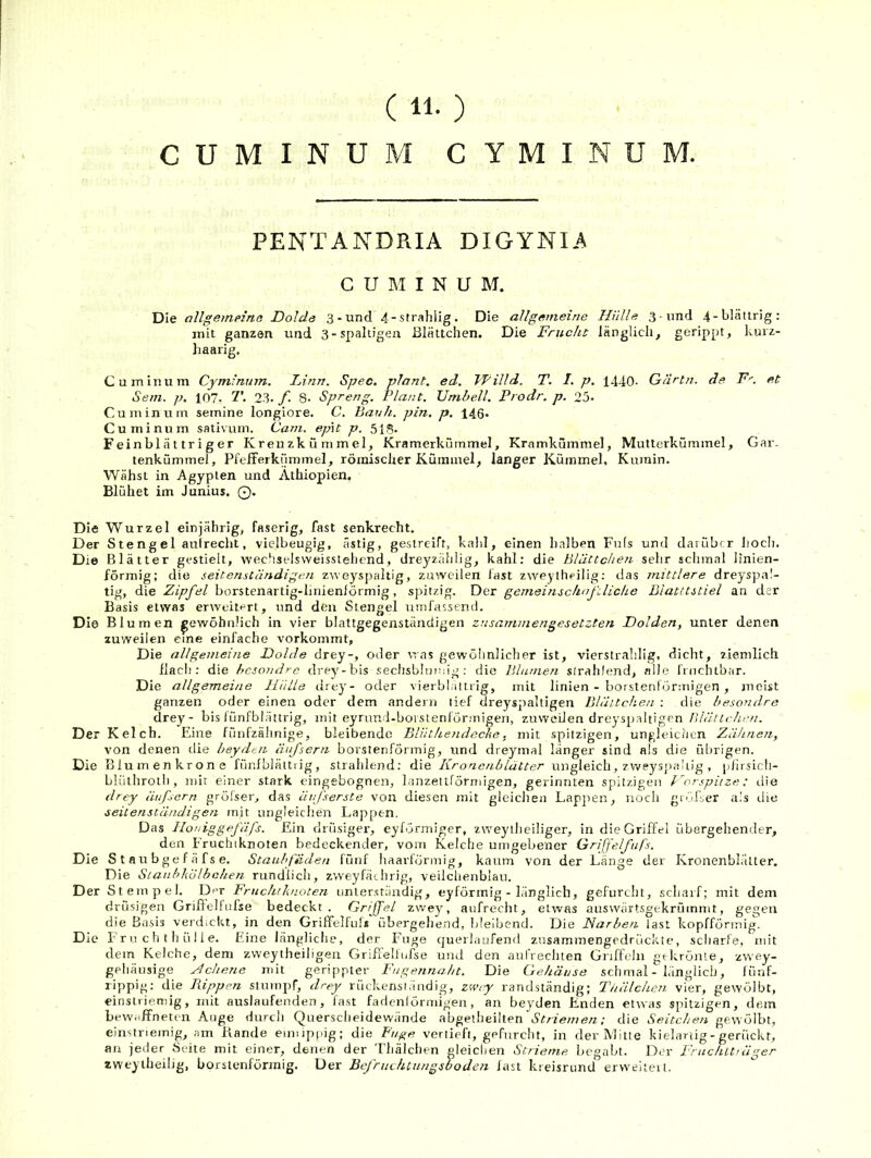 (ll-) CUMINUM CYMINUM. PENTANDPtlA DIGYNI.A CUMINUM. Die allgempine Dolde 3-und 4-strahlig. Die allgemeine Hülle 3-und 4-Lhittrig: mit ganzen und 3-spaltigea Blättchen. Die Frucht länglich^ gerippt, kurz- haarig. Cuminum Cyminuin. lAnn. Spec. plant, ed. VPilld. T. I, p. 1440- Qärtn. de F-. et Sem. p. 107. 23. f. 8- Spreng. Flaut. Umbell. Prodr. p. 25- Cuminum semine longiore, C. Bank. pin. p. 146- Cuminum sativum. Cani. ep\t p. 5ig. Fein bl ä 11 r i g er Kreuzkümmel, Kramerkürnmel, Kramkümmel, Mutterkümmel, Gar- tenkümmel, Pi'efterkümmel, römischer Kümmel, langer Kümmel, Kurain. Wähst in Ägypten und Äthiopien. Blühet im Junius. Q. Die Wurzel einjährig, faserig, fast senkrecht. Der Stengel autrecht, vielbeugig, ästig, gestreift, kahl, einen halben Fufs und darüber hoch. Die Blätter gestielt, vvechselsweisstehcnd, dreyzählig, kahl; die Blättchen sehr sclimal linien- förmig; die seitenständigen zweyspaltig, zuweilen last zweylheilig; das rnittlere dreyspal- tig, die Zipfel borstenartig-linienlörmig, spitzig. Der gemeinschnfliehe Blatttstiel an der Basis etwas erweitert, und den Stengel umfassend. Die Blumen gewöhnlich in vier blattgegenständigen zusammengesetzten Dolden, unter denen zuweilen eine einfache vorkommt, Die allgemeine Dolde drey-, oder was gewölinlicher ist, vierstrahlig, dicht, ziemlich flacl): die besondre drey-bls sechsblumig ; die Blumen strahlend, alle fruchtbar. Die allgemeine Hülle drey- oder vierblalirig, mit linien - borstenförmigen , meist ganzen oder einen oder dem andern lief dreyspaltigen Blättchen : die besondre drey- bis fünfblättrig, mit eyrund-boistenförmigen, zuweilen dreyspaltigen Blänchrn. Der Kelch. Eine fünfzähnige, bleibende Blüthendeche, mit spitzigen, ungleichen Zähneti, von denen tlie beyden äufsern borstenförinig, und dreymal länger sind als die ülirigen. Die Blumenkrone fünfbläitiig, strahlend; die Kronenblätter ungleich, zw'eyspa big , pfirsich- blülhrolli, mit einer stark eingebognen, lanzettförmigen, gerinnten spitzigen l'orspitze: die drey ätifarn gröfser, das äufserste von diesen mit gleichen Lappen, nocii giölser a.'s die seitenständigen mit ungleichen Lappen. Das Iloniggefäfs. Ein drüsiger, eyförmiger, zweyiheiliger, in die Griffel übergehender, den Fruchiknoten bedeckender, vom Kelche umgebener Griffelfufs. Die S t au bge f ä fs e. Staubfäden fünf haarförmig, kaum von der Länge der Kronenblälter. Die Stanhliülhohen rundlich, zvveyfächrig, veilchenblau. D er Stempel. Der Fruchtknoten unler.stcindig, eyförmig - länglich, gefurcht, scharf; mit dem drüsigen Griftelfufse bedeckt. Gnfjel zwey, aufrecht, etwas auswärtsgekrümmt, gegen die Basis verdiclit, in den Griffelfufs übergehend, bleibend. Die Narben last kopffönnig. Die Fr u c h t h ü 11 e. Eine längliche, der Fuge querlaufend zusammengedrückte, scliarfe, mit dem Kelche, dem zweytheiligen Griffehufse und den anfrecluen Griffeln gtkrönte, zwey- geliäusige Jehene mit gerippter Fugennabt. Die Gehäuse schmal - länglich, lünf- rippig: die Rippen stinnpf, drey rückenständig, zwey randständig; Tiiälchen vier, gewölbt, einstrieniig, mit auslaufenden, fast fadenlörmigen, an beyden Enden etwas spitzigen, dem bewaffneten Auge durch Quersclieidewände abgetheilten Striemen; die Seitchen gewölbt, einstriemig, am Bande emiippig; die Fuge verlieft, gefurcht, in der Mitte kielarug- gerückt, an jeder Seite mit einer, denen der Tiiälchen gleiclien Strieme begabt. Der Frucluträger zweytheibg, borstenförmig. Der Befruchtnngsboden last kreisrund ervveiteit.