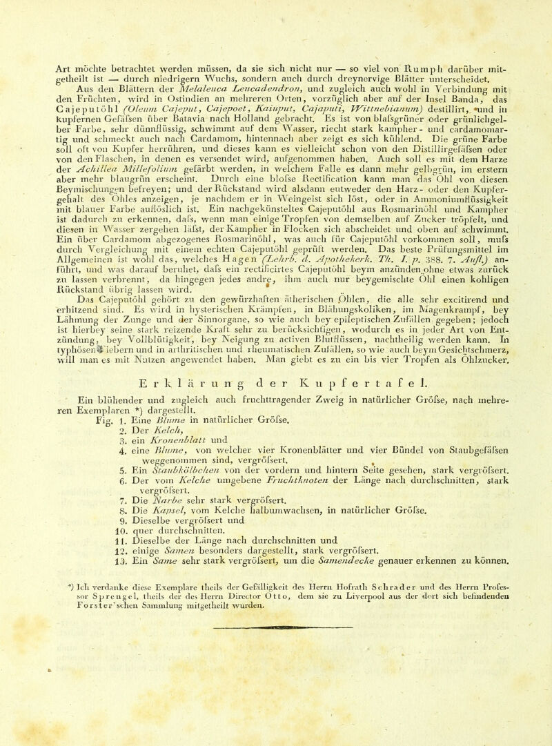 Art mochte betrachtet werden müssen, da sie sich nicht nur — so viel von Rumph darüber mit- getheilt ist —• durch niedrigem Wuchs, sondern auch durch dreynervige Blätter unterscheidet. Aus den Blättern der Melaleuca Leucade>idro?i, und zugleich auch wohl in Verbindung mit den Früchten, wird in Ostindien an mehreren Orten, vorzüglich aber auf der Insel Banda, das Cajeputöhl (Oleum Cajeput, Cajepoct, Kaiuput, Cajaputi, Wittnebianum) destillirt, «und in kupfernen Gefäfsen über Batavia nach Holland gebracht. Es ist von blafsgrüner oder grünlichgel- ber Farbe, sehr dünnflüssig, schwimmt auf dem Wasser, riecht stark kampher- und cardamomar- tig und schmeckt auch nach Cardamom, hintennacli aber zeigt es sich kühlend. Die grüne Farbe soll oft von Kupfer herrühren, und dieses kann es vielleicht schon von den Distillirgefäfsen oder von den Flaschen, in denen es versendet wird, aufgenommen haben. Auch soll es mit dem Harze der Achillea Millefolium gefärbt werden, in welchem Falle es dann mehr gelbgrün, im erstem aber mehr blaugrün erscheint. Durch eine blofse R.ectification kann man das Ohl von diesen Beymischungen befreyen; und der Rückstand wird alsdann eutweder den Harz- oder den Kupfer- gehalt des Ohles anzeigen, je nachdem er in Weingeist sich lost, oder in Ammoniumflüssigkeit mit blauer Farbe auflöslich ist. Ein nachgekünsteltes Cajeputöhl aus Rosmarinühl und Kampher ist dadurch zu erkennen, dafs, wenn man einige Tropfen von demselben auf Zucker tröpfelt, und diesen in Wasser zergehen läfst, der Kampher in Flocken sich abscheidet und oben auf schwimmt. Ein über Cardamom abgezogenes Rosmarinöhl, was auch für Cajeputöhl Vorkommen soll, mufs durch Vergleichung mit einem echten Cajeputöhl geprüft werden. Das beste Prüfungsmittel im Allgemeinen ist wohl das, welches Hagen (Lehrb. d. Aj.’othekerk. Th. I. p. 388. 7. Auß.) an- führt, und was darauf beruhet, dafs ein rectificirtes Cajeputöhl beym anziinden ohne etwas zurück zu lassen verbrennt, da hingegen jedes andre, ihm auch nur beygemischte Ohl einen kohligen Rückstand übrig lassen wird. Das Cajeputöhl gehört zu den gewürzhaften ätherischen .Olden, die alle sehr excitirend und erhitzend sind. Es wird in hysterischen Krämpfen, in Blähungskoliken, im Magenkrampf, bey Lähmung der Zunge und der Sinnorgane, so wie auch bey epileptischen Zerfällen gegeben; jedoch ist hierbey seine stark reizende Kraft sehr zu berücksichtigen, wodurch es in jeder Art von Ent- zündung, bey Vollblütigkeit, bey Neigung zu activen Blutflüssen, nachtheilig werden kann. In typhösen «Fiebern und in arthritischen und rheumatischen Zufällen, so wie auch beym Gesichtschmerz, will man es mit Nutzen angewendet haben. Man giebt es zu ein bis vier Tropfen als Ohlzucker. Erklärung der Kupfertafel. Ein blühender und zugleich auch fruchttragender Zweig in natürlicher Gröfse, nach mehre- ren Exemplaren *) dargestellt. Fig. 1. Eine Blume in natürlicher Gröfse. 2. Der Kelch, 3. ein Kronenblatt und 4. eine Blume, von welcher vier Kronenblätter und vier Bündel von Staubgefäfsen weggenommen sind, vergröfsert. t 5. Ein Staubkölbchen von der vordem und hintern Seite gesehen, stark vergröfsert. 6. Der vom Kelche umgebene Fruchtknoten der Länge nach durchschnitten, stark vergröfsert. 7. Die Narbe sehr stark vergröfsert. 8. Die Kapsel, vom Kelche halbumwachsen, in natürlicher Gröfse. 9. Dieselbe vergröfsert und 10. quer durchschnitten. 11. Dieselbe der Länge nach durchschnitten und 12. einige Samen besonders dargestellt, stark vergröfsert. 13. Ein Same sehr stark vergröfsert, um die Samendecke genauer erkennen zu können. *) Ich verdanke diese Exemplare tlieils der Gefälligkeit des Herrn Hofrath Schräder und des Herrn Profes- sor Sprengel, tlieils der des Herrn Director Otto, dem sie zu Liverpool aus der dort sich befindenden Forster’schen Sammlung mitgetheilt wurden.