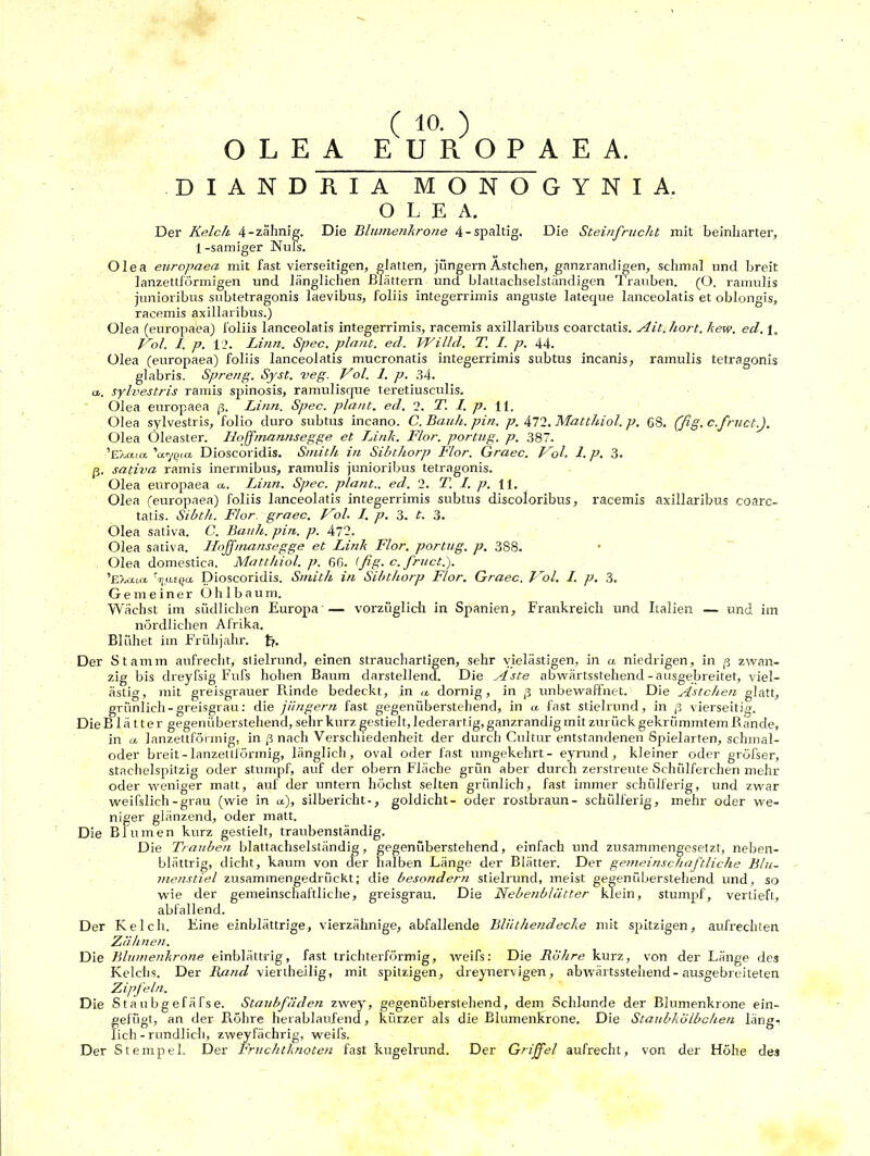 C 10. ) OLEA EUROPAEA. DIAND RIA MONO G Y N I A. OLEA. Der Kelch- 4-zahnig. Die Blumenkrone 4-spaltig. Die Steinfrucht mit beinharter, 1 -sämiger Nuls. Olea europaea mit fast vierseitigen, glatten, jungem Ästchen, ganzrandigen, schmal und breit lanzettförmigen und länglichen Blättern und blattachselständigen Trauben. (O. ramulis junioribus subtetragonis laevibus, foliis integerrimis anguste lateque lanceolatis et oblongis, racemis axillaribus.) Olea (europaea) foliis lanceolatis integerrimis, racemis axillaribus coarctatis. Ait.hort. kew. ecl. 1. Vol. I. p. 12. Linn. Spec. plant, ecl. TFilld. T. I. p. 44. Olea (europaea) foliis lanceolatis mucronatis integerrimis subtus incanis, ramulis tetragonis glabris. Spreng. Syst. veg. Vol. 1. p. 34. ix. sylvestris ramis spinosis, ramulisque teretiusculis. Olea europaea ß. Linn. Spec. plant, ecl. 2. T. I. p. 11. Olea sylvestris, folio duro subtus incano. C. Bauh. pin. p. 472. Matthiol. p. 68. (fig. c.fruct.). Olea Öleaster. Iioffmannsegge et Link. Flor, portug. p. 387. ’EXona \yQia Dioscoridis. Smith in Sibthorp Flor. Graec. Vol. 1. p. 3. ß. sativa ramis inermibus, ramulis junioribus tetragonis. Olea europaea <x. Linn. Spec. plant., ecl. 2. T. I. p. H. Olea (europaea) foliis lanceolatis integerrimis subtus discoloribus, racemis axillaribus coarc- tatis. Sibth. Flor graec. Vol. I. p. 3. t. 3. Olea sativa. C. Bauh. pin. p. 472. Olea sativa. Hnjfmansegge et Link Flor, portug. p, 3S8. Olea domestica. Matthiol. p. 66. (fig. c. fruct.). ‘Eraut 'ijuiqa Dioscoridis. Smith in Sibthorp Flor. Graec. Vol. I. p. 3. Gemeiner Ohlbaum. Wächst im südlichen Europa — vorzüglich in Spanien, Frankreich und Italien — und im nördlichen Afrika. Blühet im Frühjahr, fr. Der Stamm aufrecht, stielrund, einen strauchartigen, sehr vielästigen, in a niedrigen, in ß zwan- zig bis dreyfsig Fufs hohen Baum darstellend. Die Aste abwärtsstehend - ausgebreitet, viel- ästig, mit greisgrauer Rinde bedeckt, in a, dornig, in ß unbewaffnet. Die Astcheri glatt, grünlich-greisgrau: die Jüngern fast gegenüberstehend, in a. fast stielrund, in ß vierseitig. Die Blätter gegenüberstehend, sehr kurz gestielt, lederartig, ganzrandig mit zurück gekrümmtem Rande, in ix lanzettförmig, in ß nach Verschiedenheit der durch Cultur entstandenen Spielarten, schmal- oder breit - lanzettförmig, länglich, oval oder fast umgekehrt- eyrund, kleiner oder gröfser, stachelspitzig oder stumpf, auf der obern Fläche grün aber durch zerstreute Schiilferchen mehr oder weniger matt, auf der untern höchst seiten grünlich, fast immer schülferig, und zwar weifslich-grau (wie in ex), silbericht-, goldicht- oder rostbraun- schülferig, mehr oder we- niger glänzend, oder matt. Die Blumen kurz gestielt, traubenständig. Die Trauben blattachselständig, gegenüberstehend, einfach und zusammengesetzt, neben- blättrig, dicht, kaum von der halben Länge der Blätter. Der gemeinscliaftliche Blu- menstiel zusammengedrückt; die besondern stielrund, meist gegenüberstehend und, so wie der gemeinschaftliche, greisgrau. Die Nebenblätter klein, stumpf, vertieft, abfallend. Der Kelch. Eine einblättrige, vierzähnige, abfallende Blüthendecke mit spitzigen, aufrechten Zähnen. Die Blumenkrone einblättrig, fast trichterförmig, weifs: Die Rohre kurz, von der Länge des Kelchs. Der Rand viertheilig, mit spitzigen, dreynervigen, abwärtsstehend-ausgebreiteten Zipfeln. Die Staubgefäfse. Staubfäden zwey, gegenüberstehend, dem Schlunde der Blumenkrone ein- gefügt, an der Röhre herablaufend, kürzer als die Blumenkrone. Die Staubkölbchen längr lieh - rundlich, zweyfäehrig, weifs. Der Stempel. Der Fruchtknoten fast kugelrund. Der Griffel aufrecht, von der Höhe des