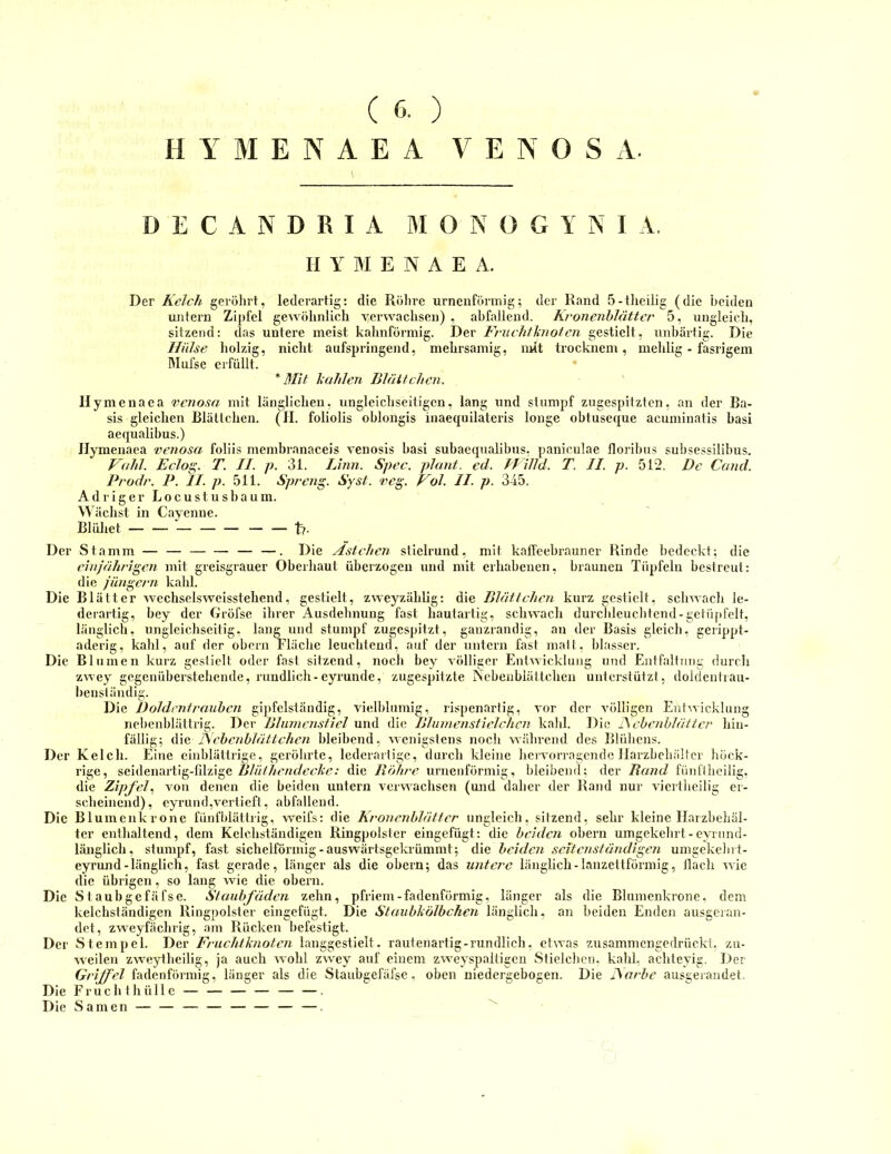 ( 6. ) H Y M E N A E A VENÖS A. D E C A N D R I A M 0 N 0 G Y I\ I A. n Y BI E N A E A. Der Kelch gerölirt, lederartig: die Röhre urneiiförmig; der Rand 5-tlieilig (die beiden untern Zipfel gewöhnlich A^erwachsen) , abfallend. KronenhJütter 5, ungleich, sitzend: das untere meist kalinförmig. Der Fr'itchiknofcn gestielt, unbärtig. Die Hülse holzig, nicht aufspringend, mehrsamig, mit trocknem, mehlig - fasrigein Mufse erfüllt. * Mit hohlen Blättchen. Hymcnaca vcnosa mit länglichen, ungleichseitigen, lang und stumpf zugespitzten, an der Ba- sis gleichen Blättchen. (H. foliolis oblongis inaequilateris longe obtuseque acuminatis hasi aequalihus.) Jlymenaea venosa foliis membranaceis venosis hasi suhaeqnalibus, paniculae lloribus sulisessilibus. Vohl. Eclo^. T. II. p. 31. Linn. Spec. plant, ed. H illd. T. II. p. 512. De Cond. Prudr. P. II. p. 511. Spreng. Syst. veg. Vol. II. p. 345. Adliger L o c u s t u s h a u m. Wächst in Cayenne. Blühet t?- Der Stamm — — — —. Die Ästchen slielrund, mit kaffeehrauner Rinde bedeckt; die einjährigen mit greisgrauer Oberhaut überzogen und mit erhabenen, braunen Tüpfeln bestreut: die jüngcrn kahl. Die Blätter wechselsweisstchend, gestielt, zweyzählig: die Blättchen kurz gestielt, sclmach le- derartig, bey der Gröfse ihrer Ausdehnung fast hautartig, schwach durcJdeuchtend-gctüjd'clt, länglich, ungleichseitig, lang und stumpf zugespitzt, ganzrandig, an der Basis gleich, gerippt- aderig, kahl, auf der obern Fläche leuchtend, auf der untern fast mall, blasser. Die Blumen kurz gestielt oder fast sitzend, noch bey AÖlliger Entwicklung und Entfaltung durch zwey gegenüberstehende, rundlich-eyrunde, zugespitzte Ncbenbiättchen unterstützt, doldenlrau- benständig. Die Doldcntraiihcn gipfelstäudig, vielblumig, rispenartig, Amr der A'ölligen Entiyicklung nebenblättrig. Der Blumenstiel und die Blinnenstielchcn kahl. Die ISchenhläticr hin- fällig; ISchenhlättchen bleibend, AAcnigstens noch AAährend des Blühens. Der Kelch. Eine einblättrige, geröhrte, lederartige, durch kleine hcrA’orragcndc Ilarzbchältcr höck- rige, seidenartig-filzige Bliithendeche: die Röhre urnenförmig, bleibend; der Band fiinfllieilig, die Zipfel., Amn denen die beiden untern A’ciAA'achsen (und daher der Rand nur Adertheilig er- scheinend), cyrund,vertieft, abfallend. Die Blumenkrone fünfidättrig, weifs: die hronenhlätter ungleich, sitzend, sehr kleine Ilarzbehäl- ter enthaltend, dem Kclchständigen Ringpolster eingefügt: die beiden obern umgekehrt - eyrimd- läiiglich, stumpf, fast sichelförmig-auswärtsgekrümmt; die beiden .seitenständigen umgekelnl- eyrund-länglich, fast gerade, länger als die obern; das untere länglich-lanzettförmig, Hach Avie die übrigen, so lang Avie die obern. Die Staubgefäfse. Staubfäden zehn, pfriem-fadenförmig, länger als die Blumenkrone, dem kelchständigen Ringpolster eingefügt. Die Staubkölbchen länglich, an beiden Enden ausgeran- det, zweyfächrig, am Rücken befestigt. Der Stempel. Der Fruchtknoten langgestielt, rautenartig - rundlich, etwas zusammengedrückt, zu- Aveilen zweytheilig, ja auch Avohl ZAvey auf einem zAAmyspaltigcn Stielchen. kahl, achteyig. Der Griffel fadenförmig, länger als die Staubgefäfse. oben niedergebogen. Die ISorbe ausgerandet. Die Fruclithülle — — — — — —. Die Samen — —.