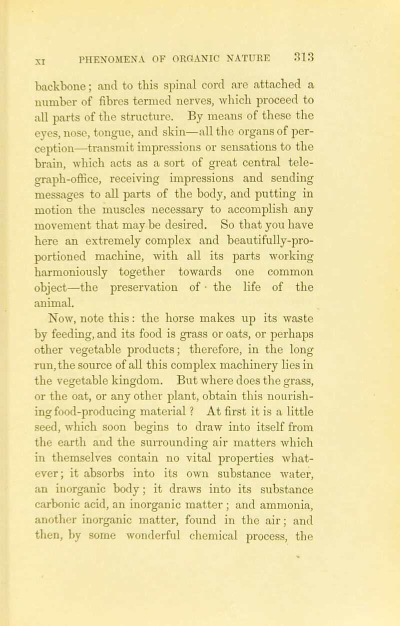 backbone; and to this spinal cord are attached a number of fibres termed nerves, which proceed to all parts of the structure. By means of these the eyes, nose, tongue, and skin—all the organs of per- ception—transmit impressions or sensations to the brain, which acts as a sort of great central tele- graph-ofiice, receiving impressions and sending messages to all parts of the body, and putting in motion the muscles necessary to accomplish any movement that may be desired. So that you have here an extremely complex and beautifully-pro- portioned machine, with all its parts working harmoniously together towards one common object—the preservation of ■ the life of the animal. Now, note this: the horse makes up its waste by feeding, and its food is grass or oats, or perhaps other vegetable products; therefore, in the long run, the source of all this complex machinery lies in the vegetable kingdom. But where does the grass, or the oat, or any other j)lant, obtain this nourish- ing food-producing material ? At first it is a little seed, which soon begins to draw into itself from the earth and the surrounding air matters which in themselves contain no vital properties what- ever; it absorbs into its own substance water, an inorganic body; it draws into its substance carbonic acid, an inorganic matter ; and ammonia, another inorganic matter, found in the air; and then, by some wonderful chemical process, the
