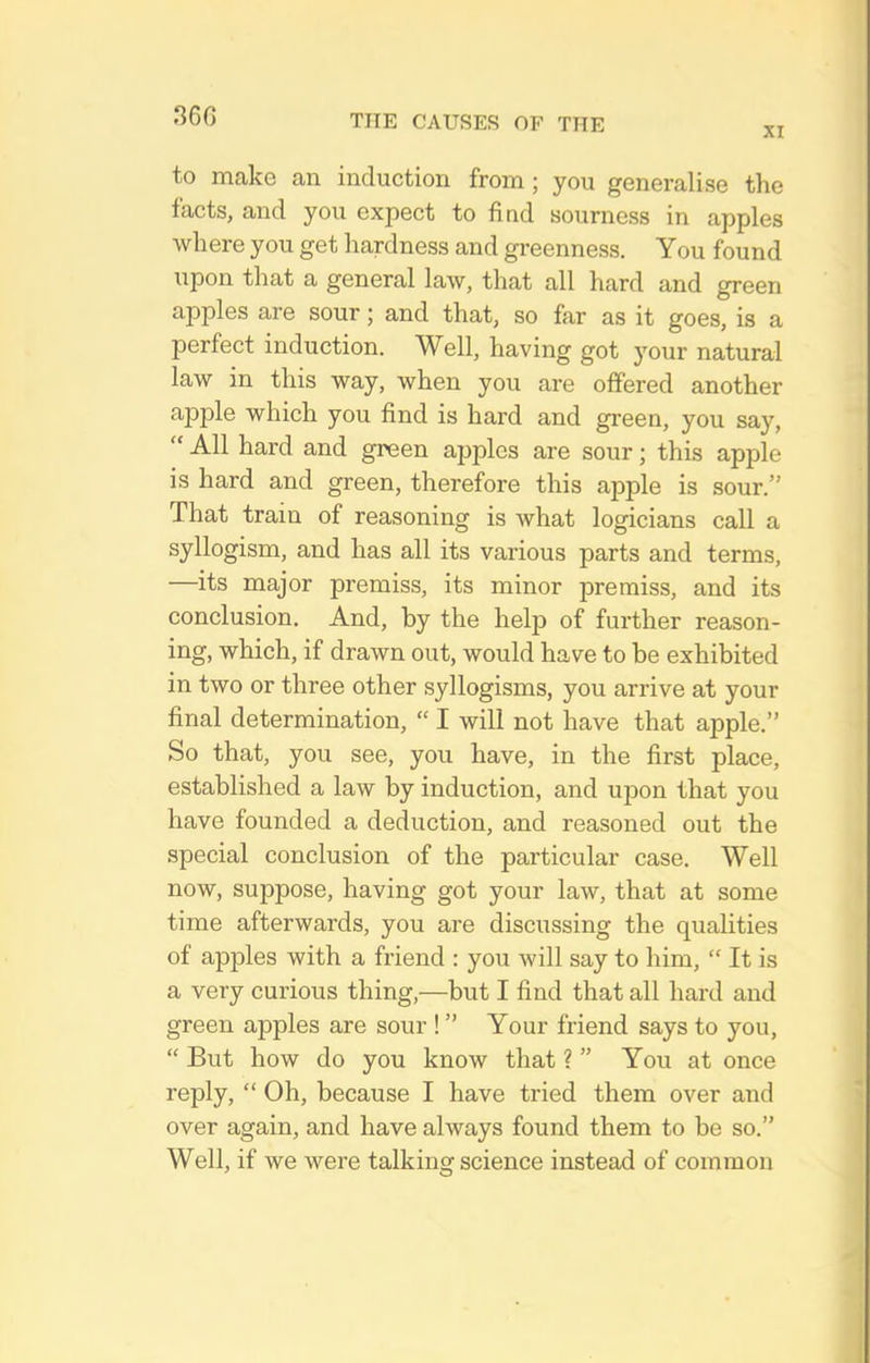 XI to make an induction from ; you generalise the facts, and you expect to fiad sourness in apples where you get hardness and greenness. You found upon that a general law, that all hard and green apples are sour; and that, so far as it goes, is a perfect induction. Well, having got your natural law in this way, when you are offered another apple which you find is hard and greea, you say,  All hard and green apples are sour; this apple is hard and green, therefore this apple is sour. That train of reasoning is what logicians call a syllogism, and has all its various parts and terms, —its major premiss, its minor premiss, and its conclusion. And, by the help of further reason- ing, which, if drawn out, would have to be exhibited in two or three other syllogisms, you arrive at your final determination,  I will not have that apple. So that, you see, you have, in the first place, established a law by induction, and upon that you have founded a deduction, and reasoned out the special conclusion of the particular case. Well now, suppose, having got your law, that at some time afterwards, you are discussing the qualities of apples with a friend : you will say to him,  It is a very curious thing,—but I find that all hard and green apples are sour ! Your friend says to you,  But how do you know that ? You at once reply,  Oh, because I have tried them over and over again, and have always found them to be so. Well, if we were talking science instead of common