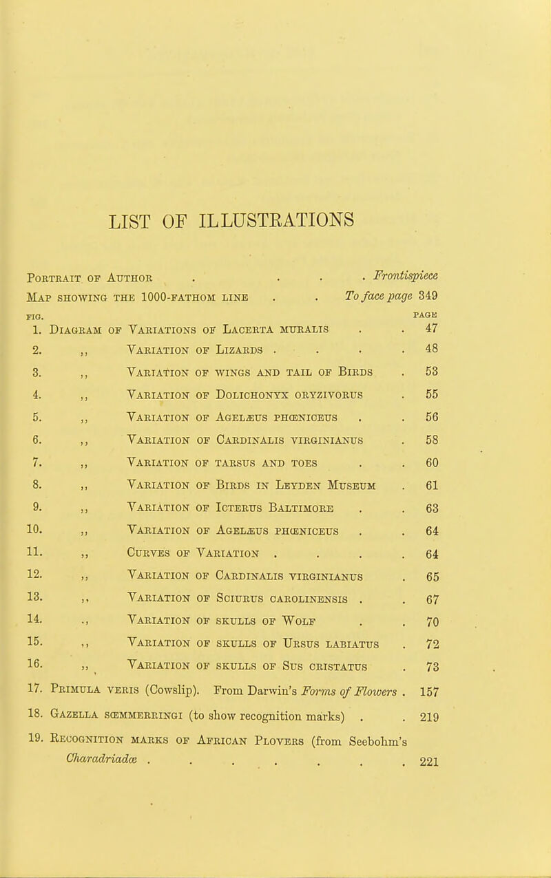 LIST OF ILLUSTRATIONS PoETRAiT OF AuTHOE . ... Frontispiece Map SHOWING THE 1000-FATHOM LINE . . To facc page 3i9 FIO. PAGE 1. Diagram: of Vaeiations of Laceeta muealis . . 47 2. ,, Vaeiation of Lizaeds . . . .48 3. ,, VaeiatI'ion of wings and tail of Bieds . 53 4. Yaeiation of Dolichonyx oeyzivoetjs . 55 5. ,, Taeiation of Agel^us phcenicefs . . 56 6. ,, Vaeiation of Caedinalis vieginianus . 58 7. ,, Vaeiation of taestjs and toes . . 60 8. „ Vaeiation of Bieds in Letden Museum . 61 9. ,, Variation of Icteeus Baltimoee . . 63 10. ,, Vaeiation of AoELiEUS phceniceus . . 64 11. ,, Curves of Variation . . . .64 12. ,, Variation of Caedinalis vieginianus . 65 13. ,, Vaeiation of Sciurus caeolinensis . . 67 14. ., Vaeiation of skulls of Wolf . . 70 15. Vaeiation of skulls of TJesus labiatus . 72 16. ,, Vaeiation of skulls of Sus ceistatus . 73 17. Peimula VERis (Cowslip). Fiom. Baxyfin's Forms of Floivers . 157 18. Gazella scemmeeringi (to show recognition marks) . . 219 19. Recognition marks of Afeican Plovees (from Seebolim's Charadriadce . . . . . . .221