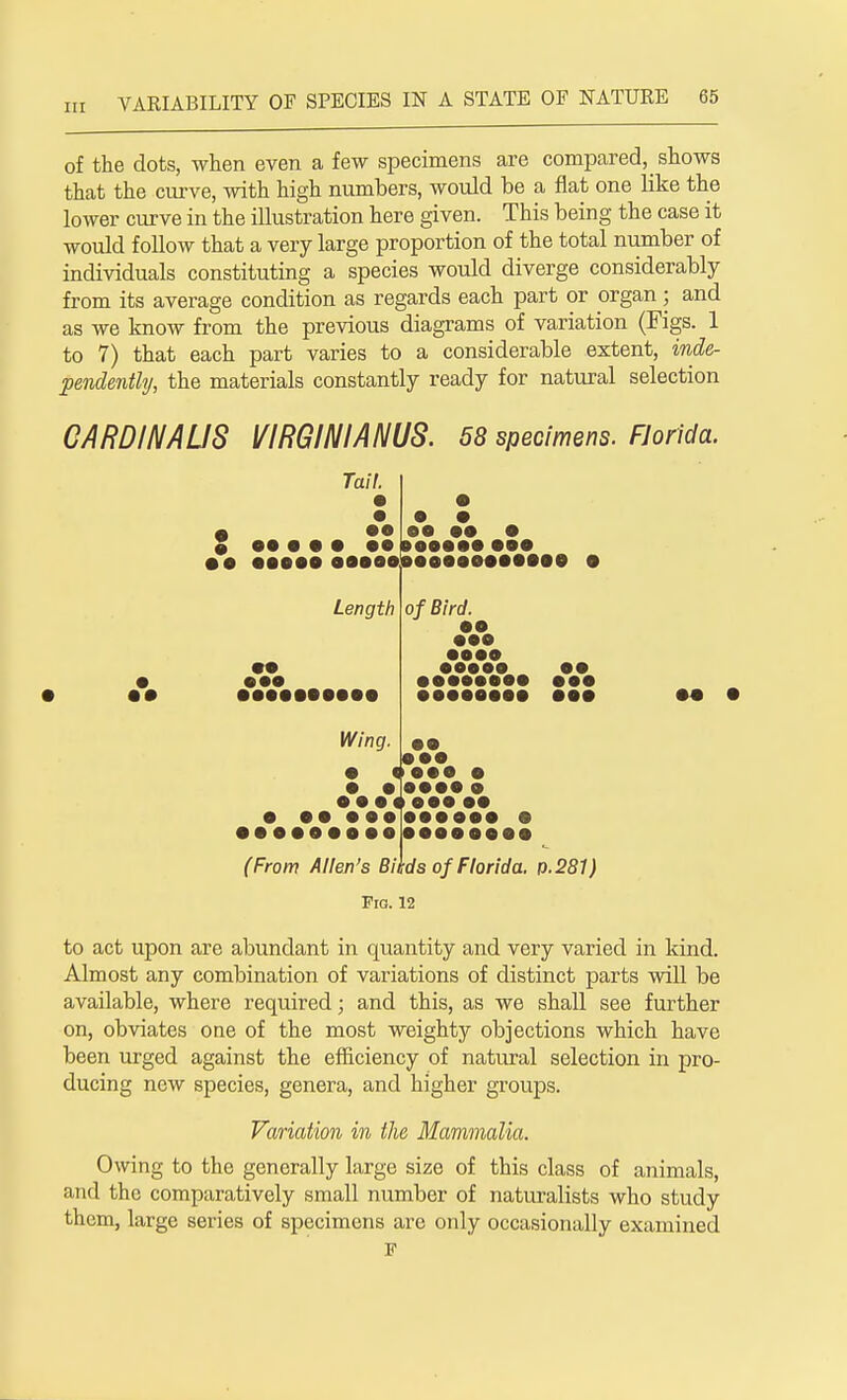 of the dots, when even a few specimens are compared, shows that the curve, with high numbers, would be a flat one like the lower curve in the illustration here given. This being the case it would follow that a very large proportion of the total number of individuals constituting a species would diverge considerably from its average condition as regards each part or organ; and as we know from the previous diagrams of variation (Figs. 1 to 7) that each part varies to a considerable extent, inde- pendently, the materials constantly ready for natural selection GARDINAUS VIRGINIANUS. 58 specimens. Florida. Tail. ee •• • • • eecoe ee ee • »eeeee eee eeeeeeeoeeeeeeeeo • Length e ee eee eeeeeeeeee Wing. e e of Bird. ee eee eeee ©oooo ee eeeeeeee eee eeeeeeee eee >eee e eeee e ee e (From Allen's Bihds of Florida, p. 281) Fig. 12 to act upon are abundant in quantity and very varied in kind. Almost any combination of variations of distinct parts will be available, where required; and this, as we shall see further on, obviates one of the most weighty objections which have been urged against the efficiency of natural selection in pro- ducing new species, genera, and higher groups. Variation in the Mammalia. Owing to the generally large size of this class of animals, and the comparatively small number of naturalists who study them, large series of specimens are only occasionally examined F