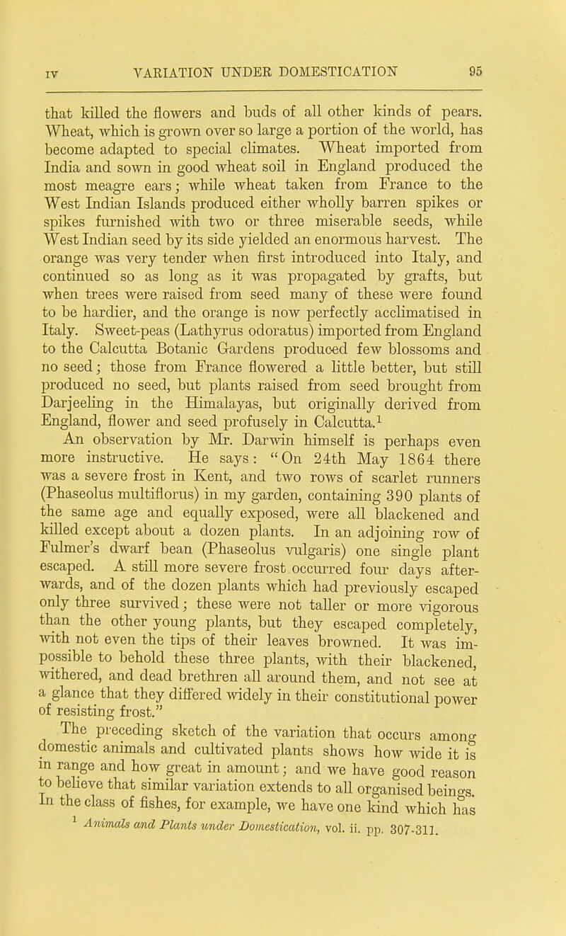 that killed the flowers and buds of all other kinds of pears. Wheat, which is grown over so large a portion of the world, has become adapted to special climates. Wheat imported from India and sown in good wheat soil in England produced the most meagre ears; while wheat taken from France to the West Indian Islands produced either wholly barren spikes or spikes furnished with two or three miserable seeds, while West Indian seed by its side yielded an enormous harvest. The orange was very tender when first introduced into Italy, and continued so as long as it was propagated by grafts, but when trees were raised from seed many of these were found to be hardier, and the orange is now perfectly acclimatised in Italy. Sweet-peas (Lathyrus odoratus) imported from England to the Calcutta Botanic Gardens produced few blossoms and no seed; those from France flowered a little better, but still produced no seed, but plants raised from seed brought from Darjeeling in the Himalayas, but originally derived from England, flower and seed profusely in Calcutta.1 An observation by Mr. Darwin himself is perhaps even more instructive. He says: On 24th May 1864 there was a severe frost in Kent, and two rows of scarlet runners (Phaseolus multiflorus) in my garden, containing 390 plants of the same age and equally exposed, were all blackened and killed except about a dozen plants. In an adjoining row of Fulmer's dwarf bean (Phaseolus vulgaris) one single plant escaped. A still more severe frost occurred four days after- wards, and of the dozen plants which had previously escaped only three survived; these were not taller or more vigorous than the other young plants, but they escaped completely, with not even the tips of their leaves browned. It was im- possible to behold these three plants, with their blackened, withered, and dead brethren all around them, and not see at a glance that they differed widely in their constitutional power of resisting frost. The preceding sketch of the variation that occurs among domestic animals and cultivated plants shows how wide it is in range and how great in amount; and we have good reason to believe that similar variation extends to all organised beings In the class of fishes, for example, we have one kind which has