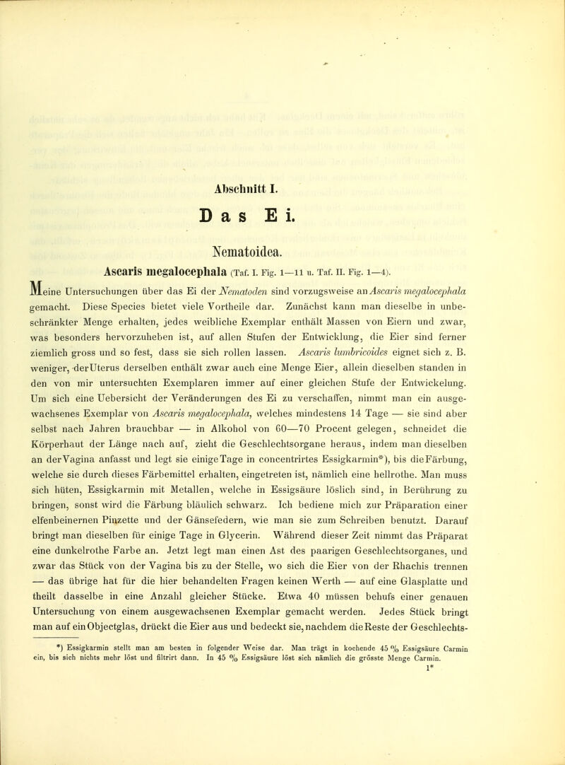 Das Ei. Nematoidea. Ascaris megalocepliala (Taf. i. Fig. i—ii u. Taf. ii. Fig. i—4). Meine Untersuchungen über das Ei Aqv Nematoden sind vorzugsweise slw Ascaris megalocephala gemacht. Diese Species bietet viele Vortheile dar. Zunächst kann man dieselbe in unbe- schränkter Menge erhalten, jedes vs^eibliche Exemplar enthält Massen von Eiern und zwar, was besonders hervorzuheben ist, auf allen Stufen der Entwicklung, die Eier sind ferner ziemlich gross und so fest, dass sie sich rollen lassen. Ascaris lumbricoides eignet sich z. B. weniger,-derUterus derselben enthält zwar auch eine Menge Eier, allein dieselben standen in den von mir untersuchten Exemplaren immer auf einer gleichen Stufe der Entwickelung. Um sich eine Uebersicht der Veränderungen des Ei zu verschaffen, nimmt man ein ausge- wachsenes Exemplar von Ascaris megalocepliala, welches mindestens 14 Tage — sie sind aber selbst nach Jahren brauchbar — in Alkohol von 60—70 Procent gelegen, schneidet die Körperhaut der Länge nach auf, zieht die Geschlechtsorgane heraus, indem man dieselben an der Vagina anfasst und legt sie einige Tage in concentrirtes Essigkarmin-), bis die Färbung, welche sie durch dieses Färbemittel erhalten, eingetreten ist, nämlich eine hellrothe. Man muss sich hüten, Essigkarmin mit Metallen, welche in Essigsäure löslich sind, in Berührung zu bringen, sonst wird die Färbung bläulich schwarz. Ich bediene mich zur Präparation einer elfenb ein eignen Pinzette und der Gänsefedern, wie man sie zum Schreiben benutzt. Darauf bringt man dieselben für einige Tage in Glycerin. Während dieser Zeit nimmt das Präparat eine dunkelrothe Farbe an. Jetzt legt man einen Ast des paarigen Geschlechtsorganes, und zwar das Stück von der Vagina bis zu der Stelle, wo sich die Eier von der Rhachis trennen — das übi'ige hat für die hier behandelten Furagen keinen Werth — auf eine Glasplatte und theilt dasselbe in eine Anzahl gleicher Stücke. Etwa 40 müssen behufs einer genauen Untersuchung von einem ausgewachsenen Exemplar gemacht werden. Jedes Stück bringt man auf einObjectglas, drückt die Eier aus und bedeckt sie, nachdem die Reste der Geschlechts- *) Essigkarmin stellt man am besten in folgender Weise dar. Man trägt in kochende 45 % Essigsäure Carmin ein, bis sich nichts mehr löst und filtrirt dann. In 45 % Essigsäure löst sich nämlich die grösste Menge Carmin.