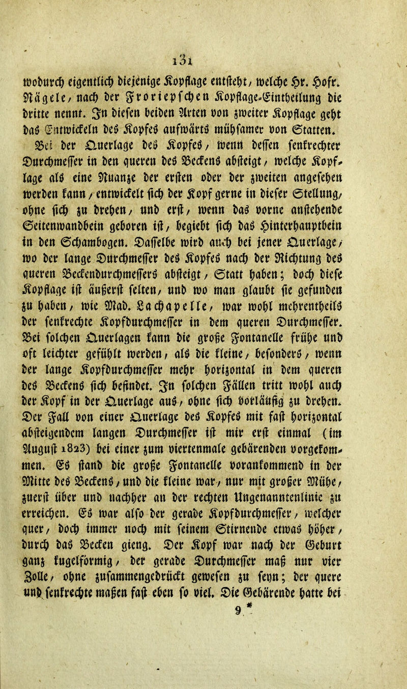 mtmdi) cimtli<^ biejenige Kopflage entWt/ mld^t ^v. ^ofr. «Nägele/ nacf) kr gtortepfc^en ^oHm^^inmilm^ bie dritte nennf. 3» liefen kibett 5lmn »on fetter Kopflage gcfyt baif intiütcfeln beö Äo|)fetJ aufmätrtö müj)famei: »on Statten* 25ei t)er Unterlage te^ Äopfeö/ mnn beffcn fenfvcdS)ter ^Durcfemeffet: in Un queren teö ^ecfenö abileigt/ melc&e ^opf^ läge al^J eine 9iuanje ber erften ober ber jmeiten angefeuert werben fann / entmcfelt fic& ber ^opf gerne in biefer ©teUnng/ o&ne fid& bre&en/ nnb erjl/ wenn ba^ Dorne anMenbe ©ettenioanb^ein geboren ift/ kgie^t ftc& baö $interj)auptkin in ben 6d;ambogen» iDaffelOe mirb autt bei jener £tuerläge/ n)o ber lange 2)urcömeirer M ^oj^feö nac& ber SHid&tnng beö queren 25e(fenburcj^mefferf) abjleigt / ©tan |?aben; boc^) btefe lÄopfliage ift äugerji feiten/ «nb m man glaubt fte gefunbe« i\x |)aben/ wie 9J?ab» Sacgaperfe/ war wo^l mc()rent|)e(l{5 ber fenfred&te Äopfburt^meffer in bem queren ©urc^jmeffer. S3ei folc^en Querlagen fann bie groge gontaneUe fml)t unb oft leid&ter gefüllt werben; aU bie Heine/ befonberö/ wenn ber lange ^Äopfburc^^mefier me^r ?)orijontal in bem queren beö S5ecfenö flc6 l&ejtnbet* 3n folc^en gäüen tritt wo&l md^ ber Äopf in ber €tuerlage auö/ o&ne ftc^) tjonäöflg ju bre|)cm S)er gaü oon einer Cluerlage beö Äopfeö mit fajl j)orijontal abfteigenbcm langen ^Durc^meffer ijl mir erfl einmal (im $lugu|l 1823) bei einer jum oiertenmale gebärenben üorgefom^ men* ftanb bie groge gontanetle »oranfommenb in ber ^itu M ^ecfeni>/unb bie fleine war/ nur mit groger SHü&e/ juenl über unb nad[)^er an ber rect)ten Ungenanntenlinie erreichen. @ö war alfo ber gerabe Äopfburc&meffer / welcher quer/ bOi$ immer nocft mit feinem ©tirnenbe etwaö pj)er/ burcö bai) ^ecfen gieng. 2)er Äopf war nac^> ber Geburt ganj fugelformig/ ber gerabe SurdJjmeiFer mag nur vier Solle/ o^ne s»f(»wttiengebrücft gewefen ju feijn; ber quere tinb fenfrecj^te magcn fajl eben fo oiel, 5)ie (9ebärenbe &atte bei 9^