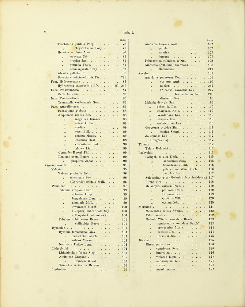 Trochatella politula Poey 78 „ chrysochasma Poey .... 79 Helicina subfusca Mke 80 „ convexa Pfr 81 ,, tropica Jan '81 „ rotunda d'Orb 81 „ submarginata Gray 82 Alcadia palliata Pfr 82 Bourciera helicinaeformis Pfr 246 Fam. Hydrocaenacea 83 Hydrocaena cattaroensis Pfr 83. 246 Fam. Proserpinacea 84 Ceres Salleana 85 Fam. Truncatellacea 85 Truneatella caribaeensis Sow 86 Fam. Ampullariacea 86 Pachystoma globosa 88 Ampullaria urceus Fer 88 „ magnifica Dunker .... 88 „ retusa Olfers 89 „ sordida 89 „ teres Phil 89 „ scutata Mouss. ...... 89 „ castanea Desh 89 „ crocostoma Phil 90 „ glauca Linn 90 Ceratodes Knorri Phil 90 Lanistes ovum Peters 90 „ purpurea Jonas 90 Ctenobranchiata 91 Valvatae , 95 Välvata piscinalis Fer 96 „ tricarinata Say 96 „ (Gyrorbis) cristata Müll. ... 96 Paludinae 97 Paludina vivipara Drap . 99 „ achatina Drap 99 „ bengalensis Lam 99 „ angularis Müll. ...... 99 „ Swainsoni Morch 100 „ (Lioplax) subcarinata Say . . 100 „ (Cleopatra) bulimoides Oliv. . . 100 Paludomus bilineatus Reeve 101 „ chilinoides .Reeve 101 Bythiniae 101 Bythinia tentaculata Gray 103 „ Troschelii Paasch 103 „ rubens Menke 103 Nematura Deltae Bens 104 Lithoglyphi 104 Lithoglyphus fuscus Ziegl 105 Assiminea Grayana 105 „ Francesi Wood 105 Tomichia ventricosa Benson 106 Hydrobiae 106 Seite Amnicola Sayana Anth 107 „ patula 107 „ anatina 107 „ integra 107 Paludestrina culminea d'Orb 108 Amnicola (Subulina) thermalis .... 108 „ fluminensis 247 Aneyloti 109 Ancylotus praerosus Conr 109 „ costatus Anth 110 „ nucleus 247 „ (Nicotris) carinatus Lea . . . 247 „ „ Kirtlandianus Anth. . 248 „ dissimilis Say 110 Melania depygis Say 110 „ subsolida Lea 110 „ chalybaea Anth 110 „ Warderiaua Lea 110 n strigosa Lea 110 „ crebricostata Lea 110 Gyrotoma ovoidea Shuttl 111 „ eonica Shuttl 111 Jo spinosa Lea 112 „ armigera Say 112 Thiarae 112 Thiara Holandri 112 Pachychili 113 Pachychilus ater Desh 115 „ laevissimus Sow 115 „ Schiedeanus Phil 116 „ pulcher von dem Busch . . 116 „ dactylus Lea 117 Sulcospira typica (Melania sulcospiraMouss.) 117 Pirena atra . 118 Melanopsis cariosa Desh 119 „ praerosa Desh 119 Dufourii Fer 119 Graellsii Villa 120 „ costata Fer 120 Melaniae 121 Melacantha setosa Swains. ..... 122 Vibex auritus 122 Melania Winteri von dem Busch . . . 123 „ semigranosa von dem Busch? . 123 „ crenocarina Moric 124 „ aculeus Lea 124 brevis d'Orb 125 Rissoae 125 Rissoa parva Dac 126 „ ventricosa Dcsm 126 „ interrupta 126 „ violacea Desm 127 „ auriscalpium L 127 „ scabra 127 r membranacea 127