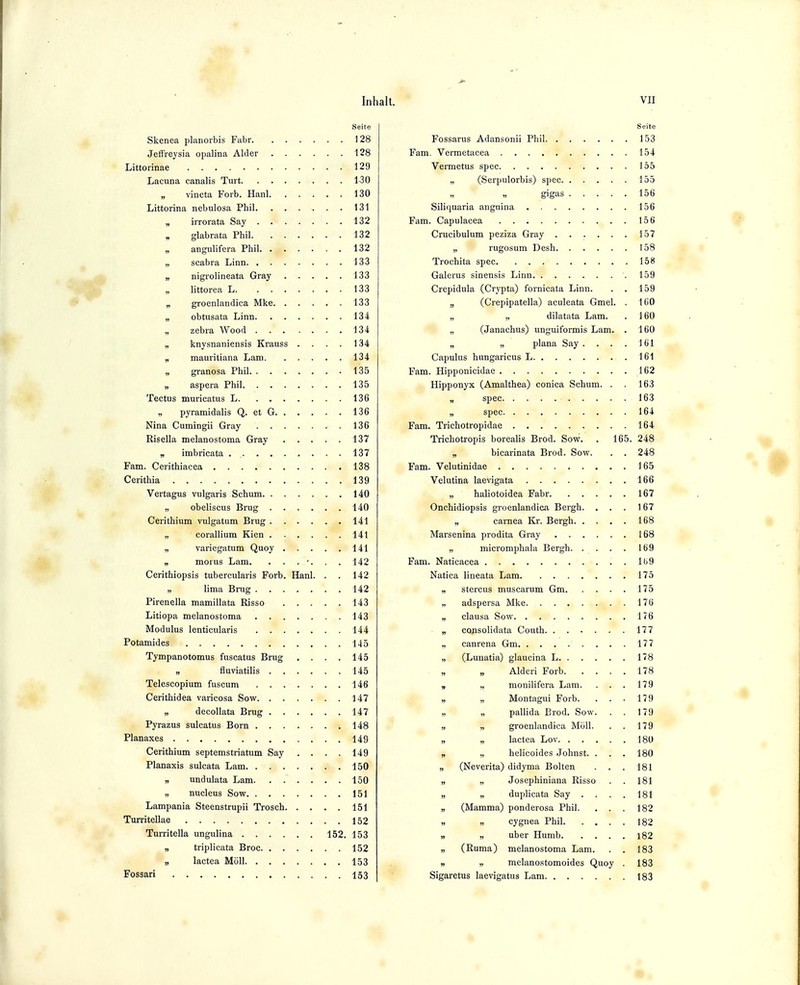 Skenea planorbis Fabr 128 Jeffreysia opalina Aid er 128 Littorinae 129 Lacuna canalis Turt 130 „ vincta Forb. Hanl 130 Littorina nebulosa Phil 131 „ irrorata Say 132 glabrata Phil 132 „ angulifera Phil 132 „ scabra Linn 133 „ nigrolineata Gray 133 „ littorea L 133 „ groenlandica Mke 133 „ obtusata Linn 134 „ zebra Wood 134 „ knysnaniensis Krauss .... 134 „ mauritiana Lam 134 „ granosa Phil 135 „ aspera Phil 135 Tectus muricatus L 136 „ pyramidalis Q. et G 136 Nina Cumingii Gray 136 Risella melanostoma Gray 137 „ imbricata 137 Fam. Cerithiacea 138 Cerithia 139 Vertagus vulgaris Schum 140 „ obeliscus Brug 140 Cerithium vulgatum Brug 141 „ corallium Kien 141 „ variegatum Quoy 141 „ morus Lam. . . . •. . 142 Cerithiopsis tubercularis Forb. Hanl. . . 142 lima Brug 142 Pirenella mamillata Risso 143 Litiopa melanostoma 143 Modulus lenticularis 144 Potamides 145 Tympanotomus fuscatus Brug . . . . 145 „ fluviatilis 145 Telescopium fuscum 146 Cerithidea varicosa Sow 147 » decollata Brug 147 Pyrazus sulcatus Born 148 Planaxes 149 Cerithium septemstriatum Say .... 149 Planaxis sulcata Lam 150 „ undulata Lam. ...... 150 „ nucleus Sow 151 Lampania Steenstrupii Trosch 151 Turritellae 152 Turritella ungulina 152. 153 „ triplicata Broc 152 » lactea Müll 153 153 Seite Fossarus Adansonii Phil 153 Fam. Vermetacea 154 Vermetus spec 155 „ (Serpulorbis) spec 155 „ „ gigas 156 Siliquaria angnina 156 Fam. Capulacea 15 6 Crucibulum peziza Gray . . . . . . 157 „ rugosum Desh 158 Trochita spec 158 Galerus sinensis Linn .159 Crepidula (Crypta) fornicata Linn. . . 159 „ (Crepipatella) aculeata Gmel. . 160 „ dilatata Lam. . 160 „ (Janachus) unguiformis Lam. . 160 „ „ plana Say . . . . 161 Capulus hungaricus L 161 Fam. Hipponicidae 162 Hipponyx (Amalthea) conica Schum. . . 163 „ spec 163 „ spec 164 Fam. Trichotropidae 164 Trichotropis borealis Brod. Sow. . 165. 248 „ bicarinata Brod. Sow. . . 248 Fam. Velutinidae 165 Velutina laevigata 166 „ haliotoidea Fabr 167 Onchidiopsis groenlandica Bergh. ... 167 „ carnea Kr. Bergh 168 Marsenina prodita Gray 168 „ micromphala Bergh 169 Fam. Naticacea ll>9 Natica lineata Lam 175 „ stercus muscarum Gm 175 ,. adspersa Mke 176 „ clausa Sow 176 „ consolidata Couth 177 „ canrena Gm 177 „ (Lunatia) glaucina L 178 Alderi Forb 178 „ „ monilifcra Lam. . . . 179 „ „ Montagui Forb. . . . 179 „ „ pallida Brod. Sow. . . 179 „ „ groenlandica Moll. . . 179 „ „ lactea Lov 180 „ „ helicoides Johnst. . . . 180 „ (Nevcrita) didyma Bolten . . . 181 „ „ Josephiniana Risso . . 181 „ „ duplicata Say . . . . 181 „ (Mamma) ponderosa Phil. . . . 182 „ „ cygnea Phil 182 n >, über Humb 182 „ (Ruma) melanostoma Lam. . . 183 „ „ melanostomoides Quoy . 183 Sigaretus laevigatus Lam 183