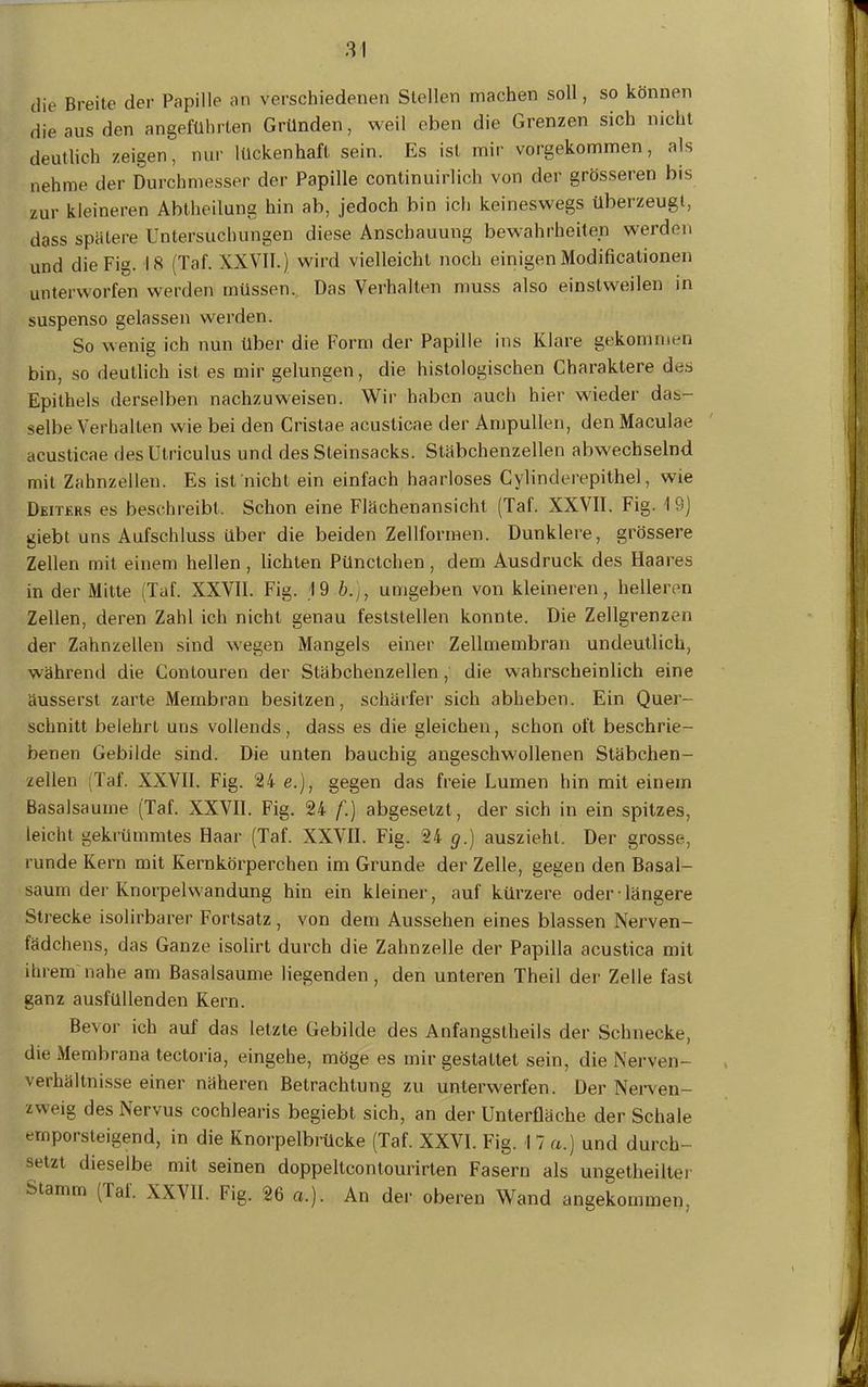 die Breite der Papille an verschiedenen Stellen machen soll, so können die aus den angeführten Gründen, weil eben die Grenzen sich nicht deutlich zeigen, nur lückenhaft sein. Es ist mir vorgekommen, als nehme der Durchmesser der Papille continuirlich von der grösseren bis zur kleineren Abtheilung hin ab, jedoch bin ich keineswegs überzeugt, dass spätere Untersuchungen diese Anschauung bewahrheiten werden und die Fig. 18 (Taf. XXVII.) wird vielleicht noch einigen Modificationen unterworfen werden müssen. Das Verhalten muss also einstweilen in suspenso gelassen werden. So wenig ich nun über die Form der Papille ins Klare gekommen bin, so deutlich ist es mir gelungen, die histologischen Charaktere des Epithels derselben nachzuweisen. Wir haben auch hier wieder das- selbe Verhalten wie bei den Cristae acuslicae der Ampullen, den Maculae acusticae des Utriculus und des Steinsacks. Stäbchenzellen abwechselnd mit Zahnzellen. Es ist nicht ein einfach haarloses Cylinderepithel, wie Deiters es beschreibt. Schon eine Flächenansicht (Taf. XXVII. Fig. 19) giebt uns Aufschluss über die beiden Zellformen. Dunklere, grössere Zellen mit einem hellen , lichten Pünctchen , dem Ausdruck des Haares in der Mitte (Taf. XXVII. Fig. 19 b.), umgeben von kleineren, helleren Zellen, deren Zahl ich nicht genau feststellen konnte. Die Zellgrenzen der Zahnzellen sind wegen Mangels einer Zellmembran undeutlich, während die Contouren der Stäbchenzellen, die wahrscheinlich eine äusserst zarte Membran besitzen, schärfer sich abheben. Ein Quer- schnitt belehrt uns vollends, dass es die gleichen, schon oft beschrie- benen Gebilde sind. Die unten bauchig angeschwollenen Stäbchen- zellen (Taf. XXVII. Fig. 24 e.), gegen das freie Lumen hin mit einem Basalsaume (Taf. XXVII. Fig. 24 f.) abgesetzt , der sich in ein spitzes, leicht gekrümmtes Haar (Taf. XXVII. Fig. 24 g.) ausziehl. Der grosse, runde Kern mit Kernkörperchen im Grunde der Zelle, gegen den Basal- saum der Knorpelwandung hin ein kleiner, auf kürzere oder längere Strecke isolirbarer Fortsatz, von dem Aussehen eines blassen Nerven- fädchens, das Ganze isolirt durch die Zahn zelle der Papilla acustica mit ihrem nahe am Basalsaume liegenden, den unteren Theil der Zelle fast ganz ausfüllenden Kern. Bevor ich auf das letzte Gebilde des Anfangstheils der Schnecke, die Membrana tectoria, eingehe, möge es mir gestaltet sein, die Nerven- verhältnisse einer näheren Betrachtung zu unterwerfen. Der Nerven- zweig des Nervus cochlearis begiebt sich, an der Unterfläche der Schale emporsteigend, in die Knorpelbrücke (Taf. XXVI. Fig. 17 a.) und durch- setzt dieselbe mit seinen doppeltcontourirten Fasern als ungetheijter Stamm (Tal. XXVII. Fig. 26 a.). An der oberen Wand angekommen.