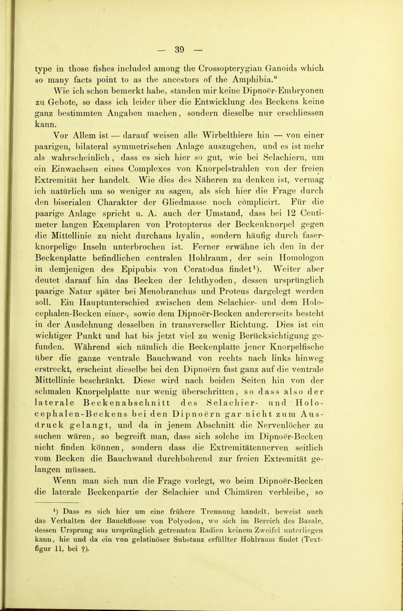 type in those fishes includecl among the Crossopterygian Ganoids which so many facts point to as the ancestors of the Amphibia. Wie ich schon bemerkt habe, standen mir keine Dipnoer-Embryonen zu Gebote, so dass ich leider über die Entwicklung des Beckens keine ganz bestimmten Angaben machen, sondern dieselbe nur erschliessen kann. Vor Allem ist — darauf weisen alle Wirbelthiere hin — von einer paarigen, bilateral symmetrischen Anlage auszugehen, und es ist mehr als wahrscheinlich , dass es sich hier so gut, wie bei Selachiern, um ein Einwachsen eines Complexes von Knorpelstrahlen von der freien Extremität her handelt. Wie dies des Näheren zu denken ist, vermag ich natürlich um so weniger zu sagen, als sich hier die Frage durch den biserialen Charakter der Gliedmasse noch complicirt. Für die paarige Anlage spricht u. A. auch der Umstand, dass bei 12 Centi- meter langen Exemplaren von Protopterus der Beckenknorpel gegen die Mittellinie zu nicht durchaus hyalin, sondern häufig durch faser- knoi'pelige Inseln unterbrochen ist. Ferner erwähne ich den in der Beckenplatte befindlichen centralen Hohlraum, der sein Homologon in demjenigen des Epipubis von Ceratodus findet^). Weiter aber deutet darauf hin das Becken der Ichthyoden, dessen ursprünglich paarige Natur später bei Menobranchus und Proteus dargelegt werden soll. Ein Hauptunterschied zwischen dem Selachier- und dem Holo- cephalen-Becken einer-, sowie dem Dipnoer-Becken andererseits besteht in der Ausdehnung desselben in transverseller Richtung. Dies ist ein wichtiger Punkt und hat bis jetzt viel zu wenig Berücksichtigung ge- funden. Während sich nämlich die Beckenplatte jener Knorpelfische über die ganze ventrale Bauchwand von rechts nach links hinweg erstreckt, erscheint dieselbe bei den Dipnoern fast ganz auf die ventrale Mittellinie beschränkt. Diese wird nach beiden Seiten hin von der sclimalen Knorpelplatte nur wenig überschritten, so dass also der laterale B eck en ab sch ni tt des Selachier- und Holo- cephalen-Beckens bei den Dipnoern gar nicht zum Aus- druck gelangt, und da in jenem Abschnitt die Nervenlöcher zu suchen wären, so begreift man, dass sich solche im Dipnoer-Becken nicht finden können, sondern dass die Extremitätennerven seitlich vom Becken die Bauchwand durchbohrend zur freien Extremität ge- langen müssen. Wenn man sich nun die Fi'age vorlegt, wo beim Dipnoer-Becken die laterale Beckenpartie der Selachier und Chimäi'en verbleibe, so ') Dass es sich hier um eine frühere Trennung handelt, beweist auch das Verhalten der BauchHosse von Polyodon, wo sich im Bereich des Basale, dessen Ursprung aus ursprünglich getrennten Radien keinem Zweifel unterliegen kann, hie und da ein von gelatinöser Substanz erfüllter Hohlraum findet (Text- figur 11, bei t).