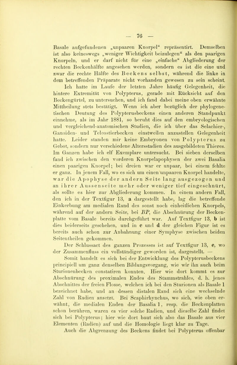 Basale aufgefundenen „unpaaren Knorpel repräsentirt. Demselben ist also keineswegs „weniger Wichtigkeit beizulegen als den paarigen Knorpeln, und er darf nicht für eine „einfache Abgliederung der rechten Beckenhälfte angesehen wei-den, sondern es ist die eine und zwar die rechte Hälfte des Beckens selbst, während die linke in dem betreffenden Präparate nicht vorhanden gewesen zu sein scheint. Ich hatte im Laufe der letzten Jahre häufig Gelegenheit, die hintere Extremität von Polypterus, gerade mit Rücksicht auf den Beckengürtel, zu untersuchen, und ich fand dabei meine oben erwähnte Mittheilung stets bestätigt. Wenn ich aber bezüglich der phylogene- tischen Deutung des Polypterusbeckens einen anderen Standpunkt einnehme, als im Jahr 1881, so beruht dies auf den embryologischen und vergleichend-anatomischen Studien, die ich über das Selachier-, Ganoiden- und Teleostierbecken einstweilen anzustellen Gelegenheit hatte. Leider standen mir keine Embryonen von Polypterus zu Gebot, sondern nur verschiedene Altersstadien des ausgebildeten Thieres. Im Ganzen habe ich elf Exemplare untersucht. Bei sieben derselben fand ich zwischen den vorderen Knorpelapophysen der zwei Basalia einen paarigen Knorpel; bei dreien war er unpaar, bei einem fehlte er ganz. In jenem Fall, wo es sich um einen unpaaren Knorpel handelte, war die Apophyse der andern Seite lang ausgezogen und an ihrer Aussenseite mehr oder weniger tief eingeschnürt, als sollte es hier zur Abgliederung kommen. In einem andern Fall, den icli in der Textfigur 13, a dargestellt habe, lag die betreffende Einkerbung am medialen Rand des sonst noch einheitlichen Knorpels, während auf der andern Seite, bei BP, die Abschnürung der Becken- platte vom Basale bereits durchgeführt war. Auf Textfigur 13, b ist dies beiderseits geschehen, und in e und d der gleichen Figur ist es bereits auch schon zur Anbahnung einer Symphyse zwischen beiden Seitentheilen gekommen. Der Schlussact des ganzen Prozesses ist auf Textfigur 13, e, wo der Zusammenfluss ein vollständiger geworden ist, dargestellt. — Somit handelt es sich bei der Entwicklung des Polypterusbeckens principiell um ganz denselben Bildungsvorgang, wie wir ihn auch beim Sturionenbecken constatiren konnten. Hier wie dort kommt es zur Abschnürung des proximalen Endes des Stammstrahles, d. h. jenes Abschnittes der freien Flosse, welchen ich bei den Sturionen als Basale 1 bezeichnet habe, und an dessen distalen Rand sich eine wechselnde Zahl von Radien ansetzt. Bei Scaphirhynchus, wo sich, wie oben er- wähnt, die medialen Enden der Basalia 1 , resp. die Beckenplatten schon berühren, waren es vier solche Radien, und dieselbe Zahl findet sich bei Polypterus • hier wie dort baut sich also das Basale aus vier Elementen (Radien) auf und die Homologie liegt klar zu Tage. Auch die Abgi'cnzung des Beckens findet bei Polypterus offenbar