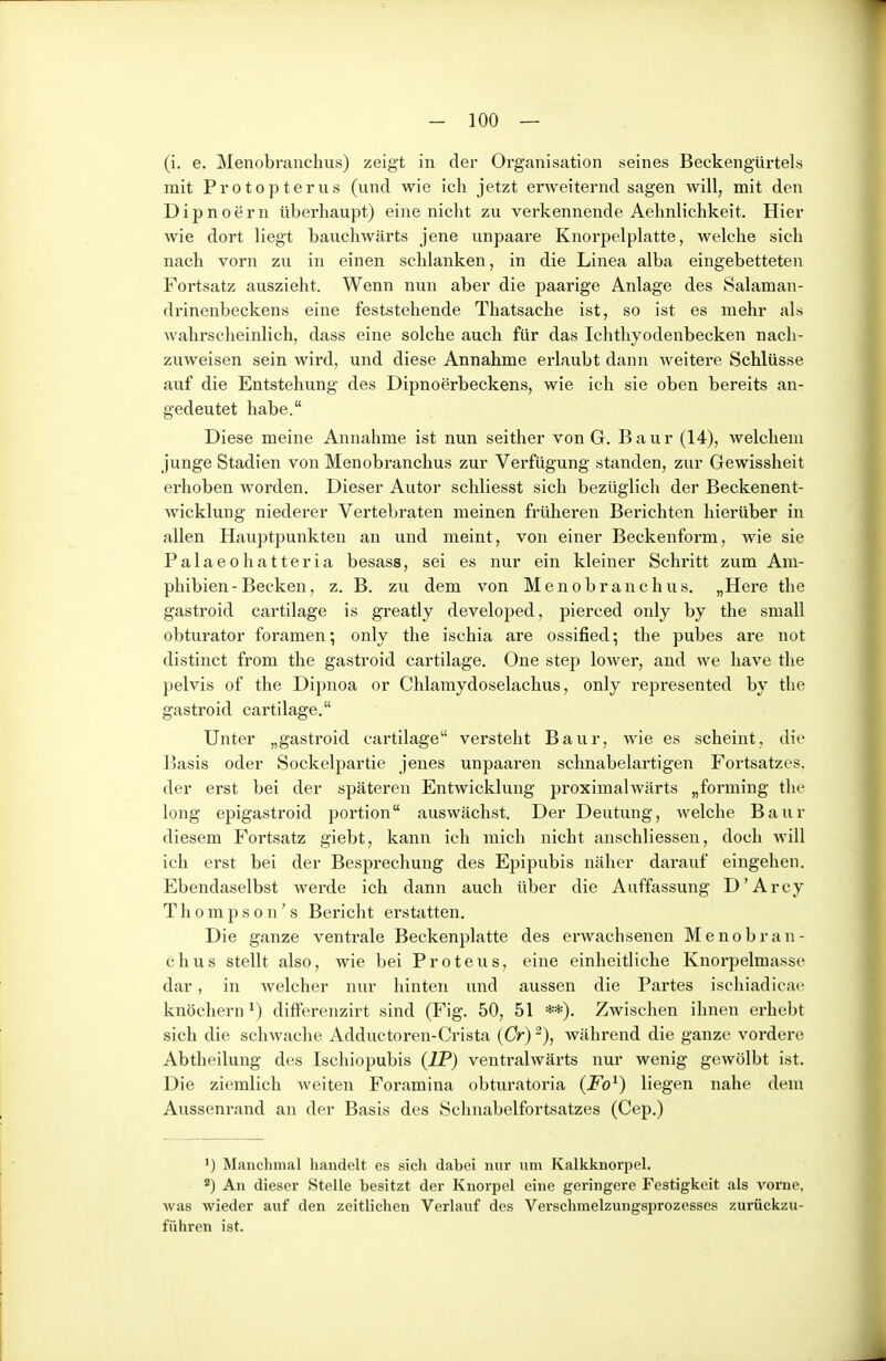 (i. e. Menobranchus) zeigt in der Organisation seines BeckengürteLs mit Protopterus (und wie ich jetzt erAveiternd sagen will, mit den Dipnoern überhaupt) eine nicht zu verkennende Aehnlichkeit. Hier wie dort liegt bauchwärts jene unpaare Knorpelplatte, welche sich nach vorn zu in einen schlanken, in die Linea alba eingebetteten Fortsatz auszieht. Wenn nun aber die paarige Anlage des kSalaman- drinenbeckens eine feststehende Thatsache ist, so ist es mehr als wahrscheinlich, dass eine solche auch für das Ichthyodenbecken nach- zuweisen sein wird, und diese Annahme erlaubt dann weitere Schlüsse auf die Entstehung des Dipnoerbeckens, wie ich sie oben bereits an- gedeutet habe. Diese meine Annahme ist nun seither von G. Baur (14), welchem junge Stadien von Menobranchus zur Verfügung standen, zur Gewissheit erhoben worden. Dieser Autor schliesst sich bezüglich der Beckenent- wicklung niederer Vertebraten meinen früheren Berichten hierüber in allen Hauptpunkten an und meint, von einer Beckenform, wie sie Palaeohatteria besass, sei es nur ein kleiner Schritt zum Am- phibien-Becken, z. B. zu dem von Menobranchus. „Here the gastroid cartilage is greatly developed, pierced only by the small obturator foramen; only the ischia are ossified; the pubes ai'e not distinct from the gastroid cartilage. One step lower, and we have the pelvis of the Dipnoa or Chlaraydoselachus, only represented by the gastroid cartilage. Unter „gastroid cartilage versteht Baur, wie es scheint, die Basis oder Sockelpartie jenes unpaaren schnabelartigen Fortsatzes, der erst bei der späteren Entwicklung proximalwärts „forming the long epigastroid portion auswächst. Der Deutung, welche Baur diesem Fortsatz giebt, kann ich mich nicht anschliessen, doch will ich erst bei der Besprechung des Epipubis näher darauf eingehen. Ebendaselbst werde ich dann auch über die Auffassung D'Arcy Thompson's Bericht erstatten. Die ganze ventrale Beckenplatte des erwachsenen Menobran- chus stellt also, wie bei Proteus, eine einheitliche Knorpelmasse dar, in welcher nur hinten und aussen die Partes ischiadicae knöchern ^) differenzirt sind (Fig. 50, 51 **). Zwischen ihnen erhebt sich die schwache Adductoren-Crista {Cr) ^), während die ganze vordere Abtheilung des Ischiopubis (IP) ventralwäi'ts nur wenig gewölbt ist. Die ziemlich weiten Foramina obturatoria (Fo^) liegen nahe dem Aussenrand an der Basis des Schnabelfortsatzes (Cep.) ') Manchmal handelt es sich dabei nur um Kalkknorpel. An dieser Stelle besitzt der Knorpel eine geringere Festigkeit als vorne, Avas wieder auf den zeitlichen Verlauf des Verschmelzungsprozesses zurückzu- führen ist.