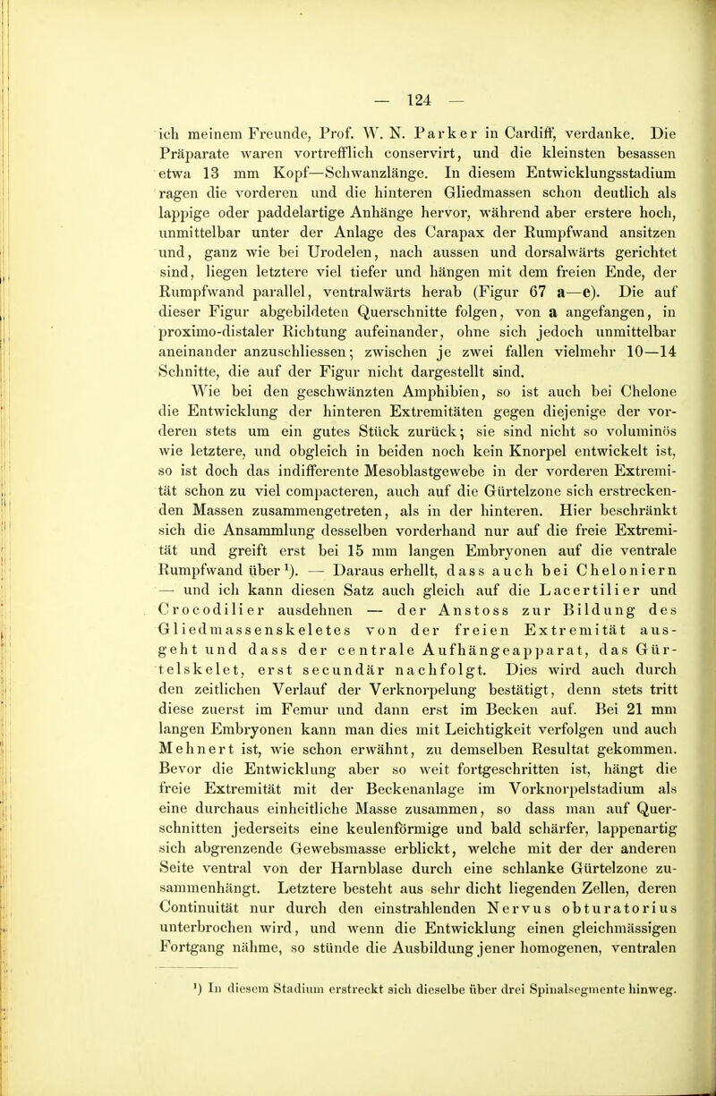 ich meinem Freunde, Prof. W. N. Parker in Cardiff, verdanke. Die Präparate waren vortrefflich conservirt, und die kleinsten besassen etwa 13 mm Kopf—Schwanzlänge. In diesem Entwicklungsstadium ragen die vorderen und die hinteren Gliedmassen schon deutlich als lappige oder paddelartige Anhänge hervor, während aber erstere hoch, unmittelbar unter der Anlage des Carapax der Rumpfwand ansitzen und, ganz wie bei Urodelen, nach aussen und dorsalwärts gerichtet sind, liegen letztere viel tiefer und hängen mit dem freien Ende, der Rumpfwand parallel, ventralwärts herab (Figur 67 a—e). Die auf dieser Figur abgebildeten Querschnitte folgen, von a angefangen, in proximo-distaler Richtung aufeinander, ohne sich jedoch unmittelbar aneinander anzuschliessen; zwischen je zwei fallen vielmehr 10—14 Schnitte, die auf der Figur nicht dargestellt sind. Wie bei den geschwänzten Amphibien, so ist auch bei Chelone die Entwicklung der hinteren Extremitäten gegen diejenige der vor- deren stets um ein gutes Stück zurück; sie sind nicht so voluminös wie letztere, und obgleich in beiden noch kein Knorpel entwickelt ist, so ist doch das indifferente Mesoblastgewebe in der vorderen Extremi- tät schon zu viel compacteren, auch auf die Gürtelzone sich erstrecken- den Massen zusammengetreten, als in der hinteren. Hier beschränkt sich die Ansammlung desselben vorderhand nur auf die freie Extremi- tät und greift erst bei 15 mm langen Embryonen auf die ventrale Rumpfwand über — Daraus erhellt, dass auch bei Cheloniern — und ich kann diesen Satz auch gleich auf die Lacertilier und Cr0c0di 1 i er ausdehnen — der Anstoss zur Bildung des Gliedmassenskeletes von der freien Extremität aus- geht und dass der centrale Aufhängeapparat, das Gür- tels kelet, erst secundär nachfolgt. Dies wird auch durch den zeitlichen Verlauf der Verknorpelung bestätigt, denn stets tritt diese zuerst im Femur und dann erst im Becken auf. Bei 21 mm langen Embryonen kann man dies mit Leichtigkeit verfolgen und auch Mehnert ist, wie schon erwähnt, zu demselben Resultat gekommen. Bevor die Entwicklung aber so weit fortgeschritten ist, hängt die freie Extremität mit der Beckenanlage im Vorknorjielstadium als eine durchaus einheitliche Masse zusammen, so dass man auf Quer- schnitten jederseits eine keulenförmige und bald schärfer, lappenartig sich abgrenzende Gewebsmasse erblickt, welche mit der der anderen Seite ventral von der Harnblase durch eine schlanke Gürtelzone zu- sammenhängt. Letztere besteht aus sehr dicht liegenden Zellen, deren Continuität nur durch den einstrahlenden Nervus obturatorius unterbrochen wird, und wenn die Entwicklung einen gleichmässigen Fortgang nähme, so stünde die Ausbildung jener homogenen, ventralen ') In diesem Stadium erstreckt sich dieselbe über drei Spiiialsegmente hinweg.