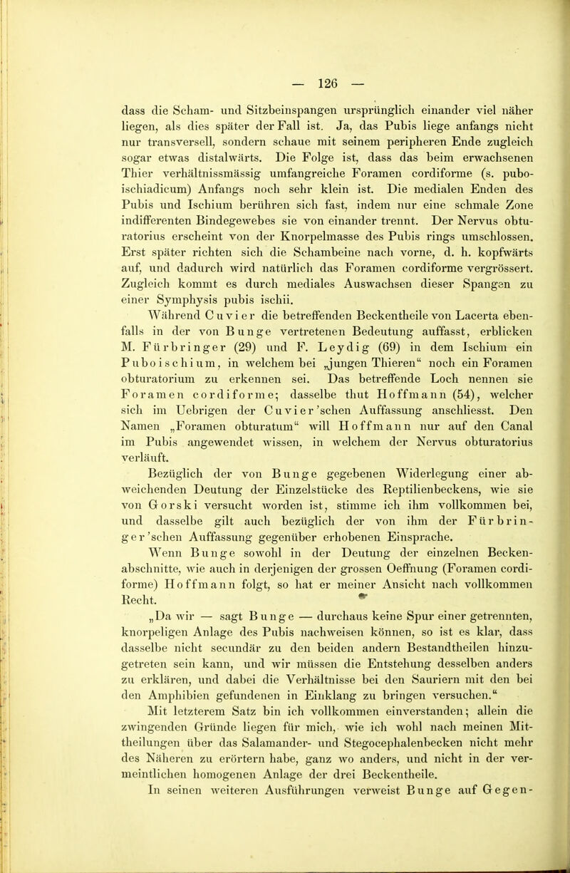 dass die Scham- und Sitzbeinspangen ursprünglich einander viel näher liegen, als dies später der Fall ist. Ja, das Pubis liege anfangs nicht nur transversell, sondern schaue mit seinem peripheren Ende zugleich sogar etwas distalwärts. Die Folge ist, dass das beim erwachsenen Thier verhältnissmässig umfangreiche Foramen cordiforme (s. pubo- ischiadicum) Anfangs noch sehr klein ist. Die medialen Enden des Pubis und Ischium berühren sich fast, indem nur eine schmale Zone indifferenten Bindegewebes sie von einander trennt. Der Nervus obtu- ratorius erscheint von der Knorpelmasse des Pubis rings umschlossen. Erst später richten sich die Schambeine nach vorne, d. h. kopfwärts auf, und dadurch wird natürlich das Foramen cordiforme vergrössert. Zugleich kommt es durch mediales Auswachsen dieser Spangen zu einer Symphysis pubis ischii. Während Cuvier die betreffenden Beckentheile von Lacerta eben- falls in der von Bunge vertretenen Bedeutung auffasst, erblicken M. Fürbringer (29) und F. Leydig (69) in dem Ischium ein Puboischium, in welchem bei „jungen Thieren noch ein Forameu obturatorium zu erkennen sei. Das betreffende Loch nennen sie F o r a m e n cordiforme; dasselbe thut H o ffm a n n (54), welcher sich im Uebrigen der Cuvier'sehen Auffassung anschliesst. Den Namen „Foramen obturatum will Hoff mann nur auf den Canal im Pubis angewendet wissen, in welchem der Nervus obturatorius verläuft. Bezüglich der von Bunge gegebenen Widerlegung einer ab- weichenden Deutung der Einzelstücke des Reptilienbeckens, wie sie von Gorski versucht worden ist, stimme ich ihm vollkommen bei, und dasselbe gilt auch bezüglich der von ihm der F ü r b r i n ~ ger'sehen Auffassung gegenüber erhobenen Einsprache. Wenn Bunge sowohl in der Deutung der einzelnen Becken- abschnitte, wie auch in derjenigen der grossen Oeffnung (Foramen cordi- forme) Hoff mann folgt, so hat er meiner Ansicht nach vollkommen Recht. „Da wir — sagt Bunge — durchaus keine Spur einer getrennten, knorpeligen Anlage des Pubis nachweisen können, so ist es klar, dass dasselbe nicht secundär zu den beiden andern Bestandtheilen hinzu- getreten sein kann, und wir müssen die Entstehung desselben anders zu erklären, und dabei die Verhältnisse bei den Sauriern mit den bei den Amphibien gefundenen in Einklang zu bringen versuchen. Mit letzterem Satz bin ich vollkommen einverstanden; allein die zwingenden Gründe liegen für mich, wie ich wohl nach meinen Mit- theilungen über das Salamander- und Stegocephalenbecken nicht mehr des Näheren zu erörtern habe, ganz wo anders, und nicht in der ver- meintlichen homogenen Anlage der drei Beckentheile. In seinen weiteren Ausführungen verweist Bunge auf Gegen-
