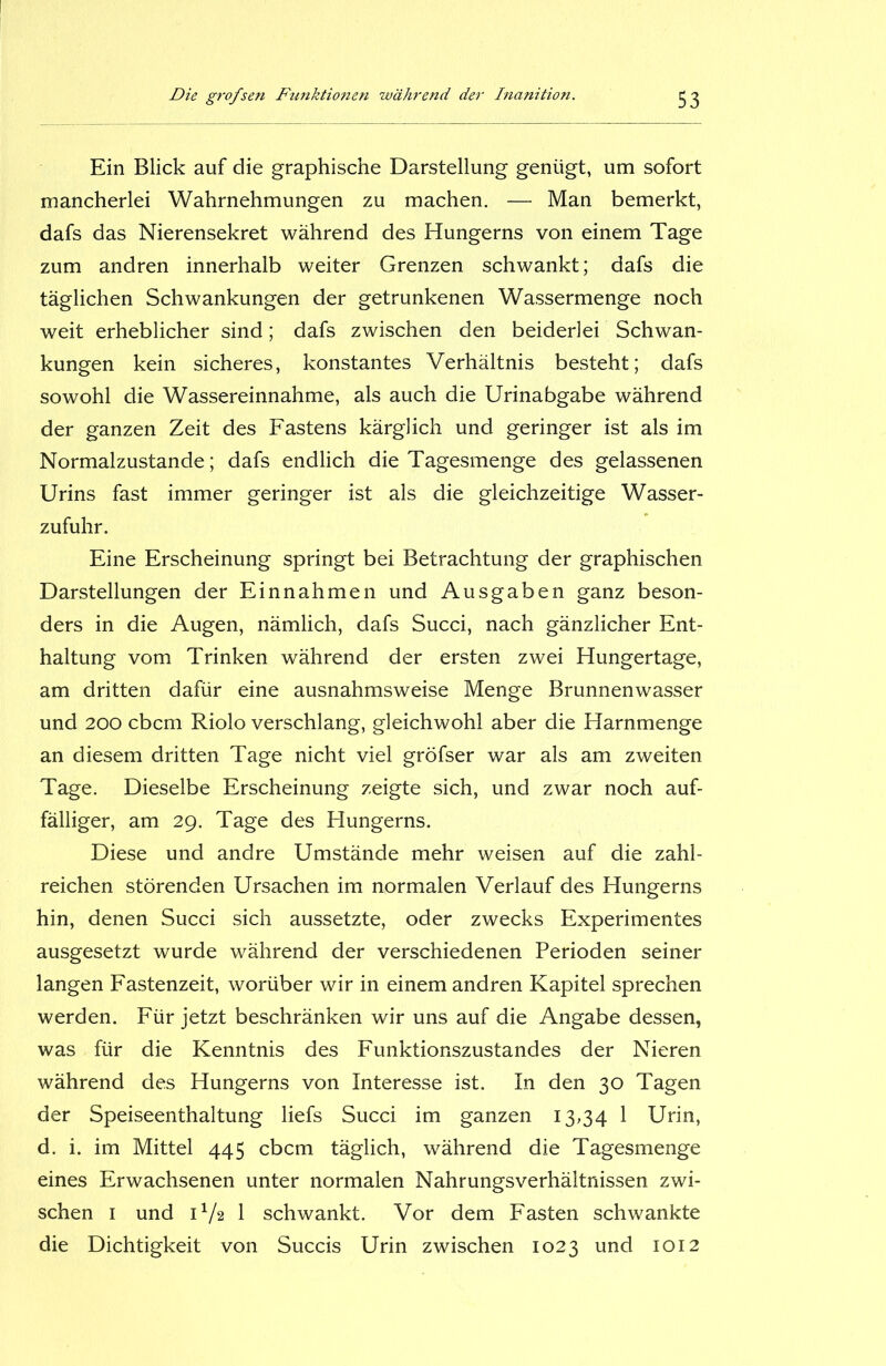 Ein Blick auf die graphische Darstellung genügt, um sofort mancherlei Wahrnehmungen zu machen. — Man bemerkt, dafs das Nierensekret während des Hungerns von einem Tage zum andren innerhalb weiter Grenzen schwankt; dafs die täglichen Schwankungen der getrunkenen Wassermenge noch weit erheblicher sind; dafs zwischen den beiderlei Schwan- kungen kein sicheres, konstantes Verhältnis besteht; dafs sowohl die Wassereinnahme, als auch die Urinabgabe während der ganzen Zeit des Fastens kärglich und geringer ist als im Normalzustände; dafs endlich die Tagesmenge des gelassenen Urins fast immer geringer ist als die gleichzeitige Wasser- zufuhr. Eine Erscheinung springt bei Betrachtung der graphischen Darstellungen der Einnahmen und Ausgaben ganz beson- ders in die Augen, nämlich, dafs Succi, nach gänzlicher Ent- haltung vom Trinken während der ersten zwei Hungertage, am dritten dafür eine ausnahmsweise Menge Brunnenwasser und 200 cbcm Riolo verschlang, gleichwohl aber die Harnmenge an diesem dritten Tage nicht viel gröfser war als am zweiten Tage. Dieselbe Erscheinung zeigte sich, und zwar noch auf- fälliger, am 29. Tage des Hungerns. Diese und andre Umstände mehr weisen auf die zahl- reichen störenden Ursachen im normalen Verlauf des Hungerns hin, denen Succi sich aussetzte, oder zwecks Experimentes ausgesetzt wurde während der verschiedenen Perioden seiner langen Fastenzeit, worüber wir in einem andren Kapitel sprechen werden. Für jetzt beschränken wir uns auf die Angabe dessen, was für die Kenntnis des Funktionszustandes der Nieren während des Hungerns von Interesse ist. In den 30 Tagen der Speiseenthaltung liefs Succi im ganzen 13,34 1 Urin, d. i. im Mittel 445 cbcm täglich, während die Tagesmenge eines Erwachsenen unter normalen Nahrungsverhältnissen zwi- schen 1 und D/2 1 schwankt. Vor dem Fasten schwankte die Dichtigkeit von Succis Urin zwischen 1023 und 1012