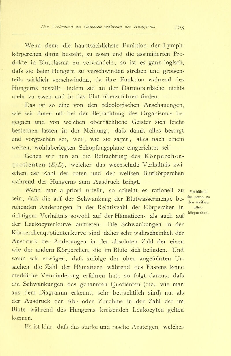 Wenn denn die hauptsächlichste Funktion der Lymph- körperchen darin besteht, zu essen und die assimilierten Pro- dukte in Blutplasma zu verwandeln, so ist es ganz logisch, dafs sie beim Hungern zu verschwinden streben und grofsen- teils wirklich verschwinden, da ihre Funktion während des Hungerns ausfällt, indem sie an der Darmoberfläche nichts mehr zu essen und in das Blut überzuführen finden. Das ist so eine von den teleologischen Anschauungen, wie wir ihnen oft bei der Betrachtung des Organismus be- gegnen und von welchen oberflächliche Geister sich leicht bestechen lassen in der Meinung, dafs damit alles besorgt und vorgesehen sei, weil, wie sie sagen, alles nach einem weisen, wohlüberlegten Schöpfungsplane eingerichtet sei! Gehen wir nun an die Betrachtung des Körperchen- quotienten (.EjL), welcher das wechselnde Verhältnis zwi- schen der Zahl der roten und der weifsen Blutkörperchen während des Hungerns zum Ausdruck bringt. Wenn man a priori urteilt, so scheint es rationell zu sein, dafs die auf der Schwankung der Blutwassermenge be- ruhenden Änderungen in der Relativzahl der Körperchen in richtigem Verhältnis sowohl auf der Hämatieen-, als auch auf der Leukocytenkurve auftreten. Die Schwankungen in der Körperchenquotientenkurve sind daher sehr wahrscheinlich der Ausdruck der Änderungen in der absoluten Zahl der einen wie der andern Körperchen, die im Blute sich befinden. Und wenn wir erwägen, dafs zufolge der oben angeführten Ur- sachen die Zahl der Hämatieen während des Fastens keine merkliche Verminderung erfahren hat, so folgt daraus, dafs die Schwankungen des genannten Quotienten (die, wie man aus dem Diagramm erkennt, sehr beträchtlich sind) nur als der Ausdruck der Ab- oder Zunahme in der Zahl der im Blute während des Hungerns kreisenden Leukocyten gelten können. Es ist klar, dafs das starke und rasche Ansteigen, welches Verhältnis der roten zu den weifsen Blut- körperchen .