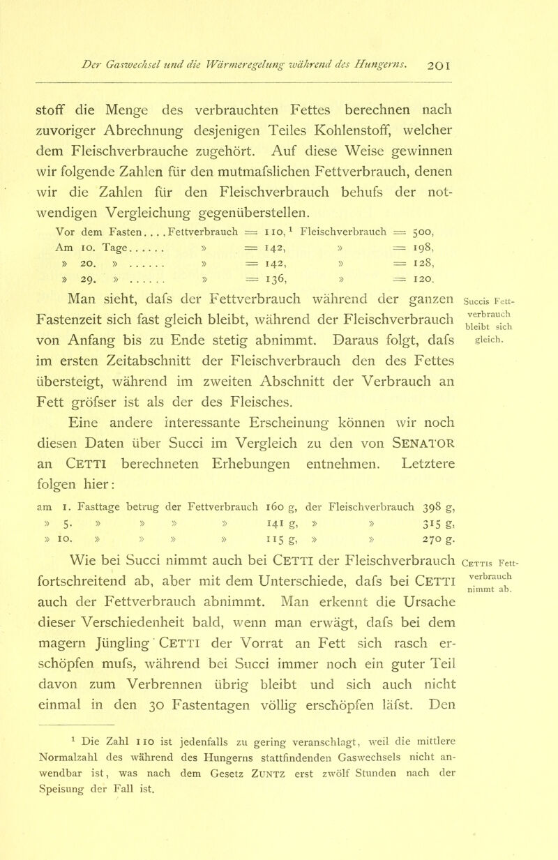 Stoff die Menge des verbrauchten Fettes berechnen nach zu voriger Abrechnung desjenigen Teiles Kohlenstoff, welcher dem Fleischverbrauche zugehört. Auf diese Weise gewinnen wir folgende Zahlen für den mutmafslichen Fettverbrauch, denen wir die Zahlen für den Fleischverbrauch behufs der not- wendigen Vergleichung gegenüberstellen. Vor dem Fasten.... Fettverbrauch === iio, 1 Fleischverbrauch = 500, Am 10. Tage » = 142, » =198, »20. » » = 142, » = 128, » 29. » » == 136, » — 120. Man sieht, dafs der Fettverbrauch während der ganzen Succis Fett- Fastenzeit sich fast gleich bleibt, während der Fleischverbrauch VCTbraucb von Anfang bis zu Ende stetig abnimmt. Daraus folgt, dafs gleich, im ersten Zeitabschnitt der Fleischverbrauch den des Fettes übersteigt, während im zweiten Abschnitt der Verbrauch an Fett gröfser ist als der des Fleisches. Eine andere interessante Erscheinung können wir noch diesen Daten über Succi im Vergleich zu den von SENATOR an Cetti berechneten Erhebungen entnehmen. Letztere folgen hier: am 1. Fasttage betrug der Fettverbrauch 160 g, der Fleischverbrauch 398 g, » 5- » » » » 141 g, » » 3J5 ga » 10. » » » » 115 g, » » 270 g. Wie bei Succi nimmt auch bei Cettx der Fleischverbrauch cettis Fett- fortschreitend ab, aber mit dem Unterschiede, dafs bei CETTI verbrauch auch der Fettverbrauch abnimmt. Man erkennt die Ursache dieser Verschiedenheit bald, wenn man erwägt, dafs bei dem magern Jüngling Cetti der Vorrat an Fett sich rasch er- schöpfen rnufs, während bei Succi immer noch ein guter Teil davon zum Verbrennen übrig bleibt und sich auch nicht einmal in den 30 Fastentagen völlig erschöpfen läfst. Den 1 Die Zahl 110 ist jedenfalls zu gering veranschlagt, weil die mittlere Normalzahl des während des Hungerns stattfindenden Gaswechsels nicht an- wendbar ist, was nach dem Gesetz Zuntz erst zwölf Stunden nach der Speisung der Fall ist.