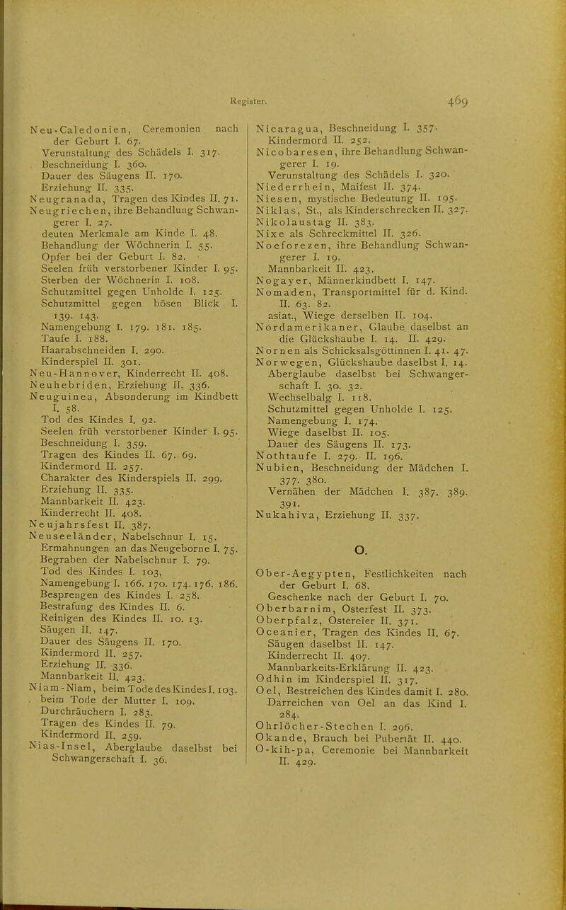 Neu-Caledonien, Ceremonien nach der Geburt I. 67. Verunstaltung des Schädels I. 317. Beschneidung I. 360. Dauer des Säugens II. 170. Erziehung II. 335. Neugranada, Tragen des Kindes II. 71. Neugriechen, ihre Behandlung Schwan- gerer I. 27. deuten Merkmale am Kinde I. 48. Behandlung der Wöchnerin I. 55. Opfer bei der Geburt I. 82. Seelen früh verstorbener Kinder I. 95. Sterben der Wöchnerin I. 108. Schutzmittel gegen Unholde I. 125. Schutzmittel gegen bösen Blick I. 139- 143- Namengebung I. 179. 181. 185. Taufe I. 188. Haarabschneiden I. 290. Kinderspiel II. 301. Neu-Hannover, Kinderrecht II. 408. Neuhebriden, Erziehung II. 336. Neuguinea, Absonderung im Kindbett I. 58. Tod des Kindes I. 92. Seelen früh verstorbener Kinder I. 95. Beschneidung I. 359. Tragen des Kindes II. 67. 69. Kindermord II. 257. Charakter des Kinderspiels II. 299. Erziehung II. 335. Mannbarkeit II. 423. Kinderrecht II. 408. Neujahrsfest II. 387. Neuseeländer, Nabelschnur I. 15. Ermahnungen an das Neugeborne I. 75. Begraben der Nabelschnur I. 79. Tod des Kindes I. 103, Namengebung I. 166. 170. 174.176. 186. Besprengen des Kindes I. 258. Bestrafung des Kindes II. 6. Reinigen des Kindes II. 10. 13. Säugen II. 147. Dauer des Säugens II. 170. Kindermord II. 257. Erziehung II. 336. Mannbarkeit II. 423. Niam-Niam, beim Tode des Kindes 1.103. . beim Tode der Mutter I. 109. Durchräuchern I. 283. Tragen des Kindes II. 79. Kindermord II. 259. Nias-Insel, Aberglaube daselbst bei Schwangerschaft I. 36. Nicaragua, Beschneidung I. 357- Kindermord II. 252. Nicobaresen, ihre Behandlung Schwan- gerer I. 19. Verunstaltung des Schädels I. 320. Niederrhein, Maifest II. 374. Niesen, mystische Bedeutung II. 195. Niklas, St., als Kinderschrecken II. 327. Nikolaustag II. 383. Nixe als Schreckmittel II. 326. Noeforezen, ihre Behandlung Schwan- gerer I. 19. Mannbarkeit II. 423. Nogayer, Männerkindbett I. 147. Nomaden, Transportmittel für d. Kind. II. 63. 82. asiat.. Wiege derselben II. 104. Nordamerikaner, Glaube daselbst an die Glückshaube I. 14. II. 429. Nornen als Schicksalsgöttinnen I. 41. 47. Norwegen, Glückshaube daselbst I. 14. Aberglaube daselbst bei Schwanger- schaft I. 30. 32. Wechselbalg I. 118. Schutzmittel gegen Unholde I. 125. Namengebung I, 174. Wiege daselbst II. 105. Dauer des Säugens II. 173. Nothtaufe I. 279. II. 196. Nubien, Beschneidung der Mädchen I. 377- 380. Vernähen der Mädchen I. 387. 389. 391- Nukahiva, Erziehung II. 337. Ober-Aegypten, Festlichkeiten nach der Geburt I. 68. Geschenke nach der Geburt I. 70. Oberbarnim, Osterfest II. 373. Oberpfalz, Ostereier II. 371. Oceanier, Tragen des Kindes II. 67. Säugen daselbst II. 147. Kinderrecht II. 407. Mannbarkeits-Erklärung II. 423. Odhin im Kinderspiel II. 317. Oel, Bestreichen des Kindes damit I. 280. Darreichen von Oel an das Kind I. 284. Ohrlöcher-Stechen I. 296. Okande, Brauch bei Pubertät II. 440. 0-kih-pa, Ceremonie bei Mannbarkeit II. 429.