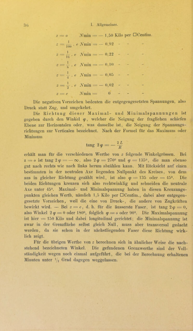 z = 0 iVmin = — 1,51) Kilo per □Ceiitini. ~ = j^, . e iVmin = — 0,92 - - ~ ^ 1 . A^miii = — 0,22 - - I () ] z =. e A'iiiiu = — 0,10 - - z = Y . e Nirnw = — 0,05 - - 4 z = ^ . e Nram = — 0,02 - - z = e iYmin = 0 - - Die negativen Vorzeichen bedeuten die entgegengesetzten Spannungen, also Druck statt Zug, und umgekehrt. Die Richtung dieser Maximal- und Minimalspannungen ist gegeben durch den Winkel cp, welcher die Neigung der fraglichen schiefen Ebene zur Horizontalen oder, was dasselbe ist, die Neigung der Spannungs- richtungen zur Verticalen bezeichnet. Nach der Formel für das Maximum oder Mininmm tang 2 9) = — — erhält man für die verschiedenen Werthe von z folgende Winkeigrössen. Bei z ~ o ist tang 2cp — — 00, also 2(p — 270» und q) = 135^', die man ebenso gut nach rechts wie nach links herum abzählen kann. Mit Rücksicht auf einen bestimmten in der neutralen Axe liegenden Nullpunkt des Kreises, von dem aus in gleicher Richtung gezählt wird, ist also ^=135 oder =45^. Die beiden Richtungen kreuzen sich also rechtwinklig und schneiden die neutrale Axe unter 45o. Maximal- und Minimalspannung haben in diesen Kreuzungs- punkten gleichen Werth, nämlich 1,5 Kilo per □Centim., dabei aber entgegen- gesetzte Vorzeichen, weil die eine von Druck-, die andere von Zugkräften bewirkt wird. — Bei z = ej d.h. für die äusserste Faser, ist tang 2^ = 0, also Winkel 29 = 0 oder 180**, folglich cp = 0 oder 90. Die Maximalspamiung ist hier = 150 Kilo und dabei longitudinal gerichtet; die Minimalspannung ist zwar in der Grenzfläche selbst gleich Null, muss aber transversal gedacht werden, da sie schon in der nächstliegenden Faser diese Richtung wirk- lich zeigt. Für die übrigen Werthe von z berechnen sich in ähnlicher Weise die nach- stehend bezeichneten Winkel. Die gefundenen Grenzwerthe sind der Voll- ständigkeit wegen noch einmal aufgeführt, die bei der Berechnung erhaltenen Minuten unter '/2 Grad dagegen weggelassen.