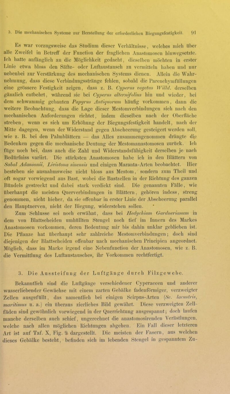 Es war vorzugsweise das Studium dieser Vcrliältnisse, welches mich Uber alle Zweifel in Betreff der Function der fraglichen Anastomosen hinwegsetzte. Ich hatte anfänglich an die Möglichkeit gedacht, dieselben möchten in erster Linie etwa bloss den Säfte- oder Luftaustausch zu vermitteln haben und nur nebenbei zur Verstärkung des mechanischen Systems dienen. Allein die Wahr- nehmung, dass diese Verbindungsstränge fehlen, sobald die ParenchymfüUnngen eine grössere Festigkeit zeigen, dass z. B. Cyperus vegetm Wühl, derselben gänzlich entbehrt, während sie bei Cyperus alternifolius hin und wieder, bei dem schwanmiig gebauten Papyrus Antiquorum häufig vorkommen, dann die weitere Beobachtung, dass die Lage dieser Mestomverbindungen sich nach den mechanischen Anforderungen richtet, indem dieselben nach der Oberfläche streben, wenn es sich um Erhöhung der Biegungsfestigkeit handelt, nach der Mitte dagegen, wenn der Widerstand gegen Abscheerung gesteigert werden soll, wie z. B. bei den Palmblättern — das Alles zusammengenommen drängte d\e Bedenken gegen die mechanische Deutung der Mestomanastomosen zurück. Ich füge noch bei, dass auch die Zahl und Widerstandsfähigkeit derselben je nach Bedürfniss variirt. Die stärksten Anastomosen habe ich in den Blättern von Sabal Adansonii, Livistona sinensis und einigen Maranta-Arten beobachtet. Hier bestehen sie ausnahmsweise nicht bloss aus Mestom, sondern zum Theil und oft sogar vorwiegend aus Bast, wobei die Bastzellen in der Richtung des ganzen Bündels gestreckt und dabei stark verdickt sind. Die genannten Fälle, wie überhaupt die meisten Querverbindungen in Blättern, gehören indess, streng genommen, nicht hieher, da sie offenbar in erster Linie der Abscheerung parallel den Hauptnerven, nicht der Biegung, widerstehen sollen. Zum Schlüsse sei noch erwähnt, dass bei Hedyclmim Gardnerianum in dem von Blattscheiden umhüllten Stengel noch tief im Innern des Markes Anastomosen vorkommen, deren Bedeutung mir bis dahin unklar geblieben ist. Die Pflanze hat überhaupt sehr zahlreiche Mestomverbindungen; doch sind diejenigen der Blattscheiden offenbar nach mechanischen Principieu angeordnet. Möglich, dass im Marke irgend eine Nebenfunction der Anastomosen, wie z. B. die Vermittlung des Luftaustausches, ihr Vorkommen rechtfertigt. 3. Die Aussteifung der Luftgäuge durch Filzgewebe. Bekanntlich sind die Luftgänge vers(;hicdener Cy})eraceen und anderer wasserliebender Gewächse mit einem zarten Gebälke fadenförmiger, verzweigter Zellen ausgefüllt, das namentlich bei einigen Scirpus-Arten (/S'c. lacustris, maritimus u. a.) ein überaus zierliches Bild gewährt. Diese verzweigten Zell- fäden sind gewöhnlich vorwiegend in der Querrichtung ausgespannt; doch laufen manche derselben auch schief, ungerechnet die anastomosirendcn Vcrästlungen, welche nach allen möglichen Kichtungen abgehen. Ein Fall dieser letzteren Art ist auf Taf. X, Fig. 9 dargestellt. Die meisten der Fasern, aus \velchen dieses Gebälke besteht, befinden sich im lebenden Stengel in gespanntem Zu-